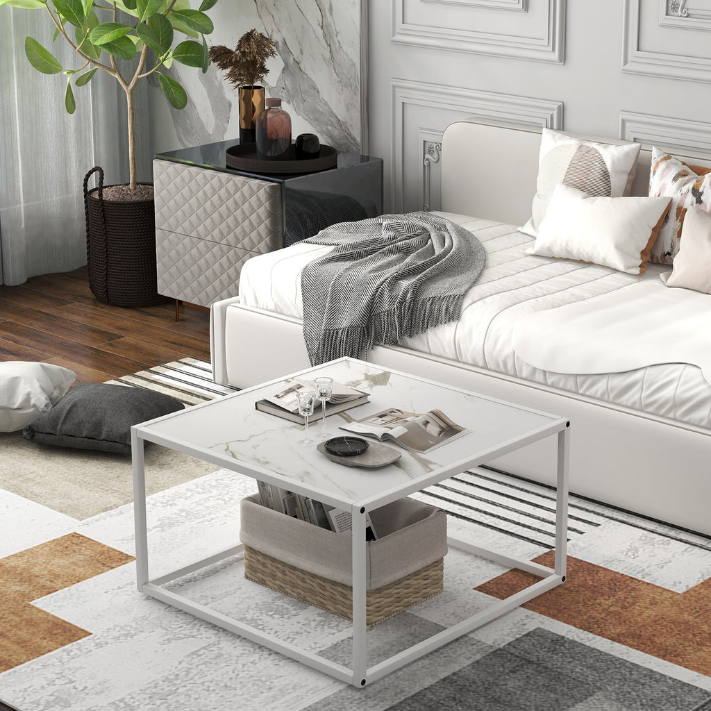 Modern Glass Square Coffee Table with Metal Frame for Living Room