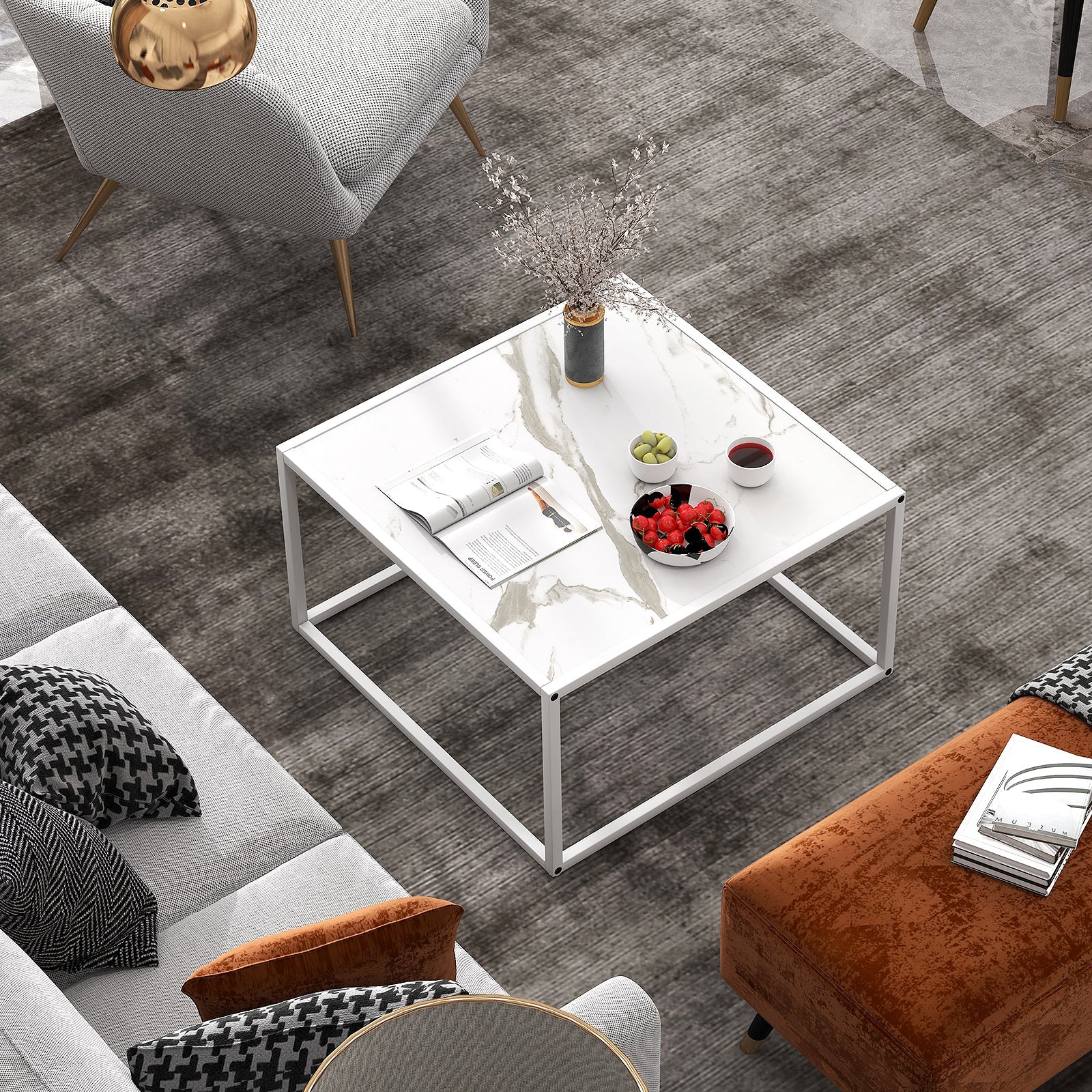Modern Glass Square Coffee Table with Metal Frame for Living Room