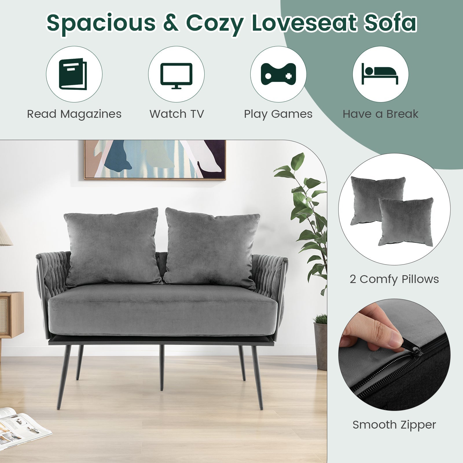 Modern Loveseat Sofa Upholstered Dutch Velvet Sofa Couch