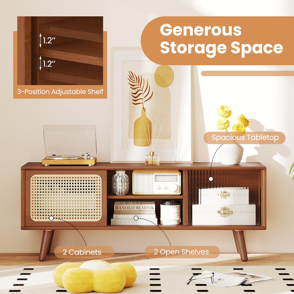 Modern TV Stand with Rattan Glass Sliding Doors