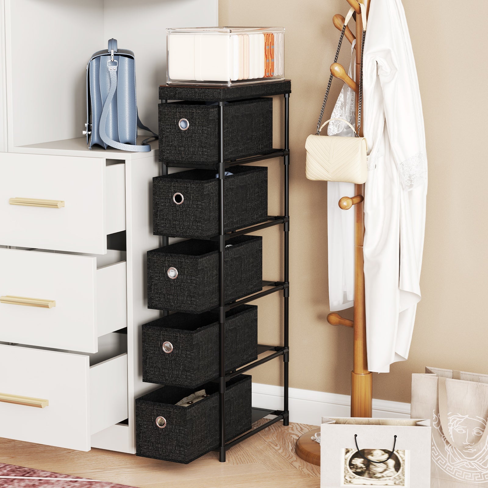 Narrow Dresser with 5 Drawers Slim Storage Tower with Metal Frame-Black