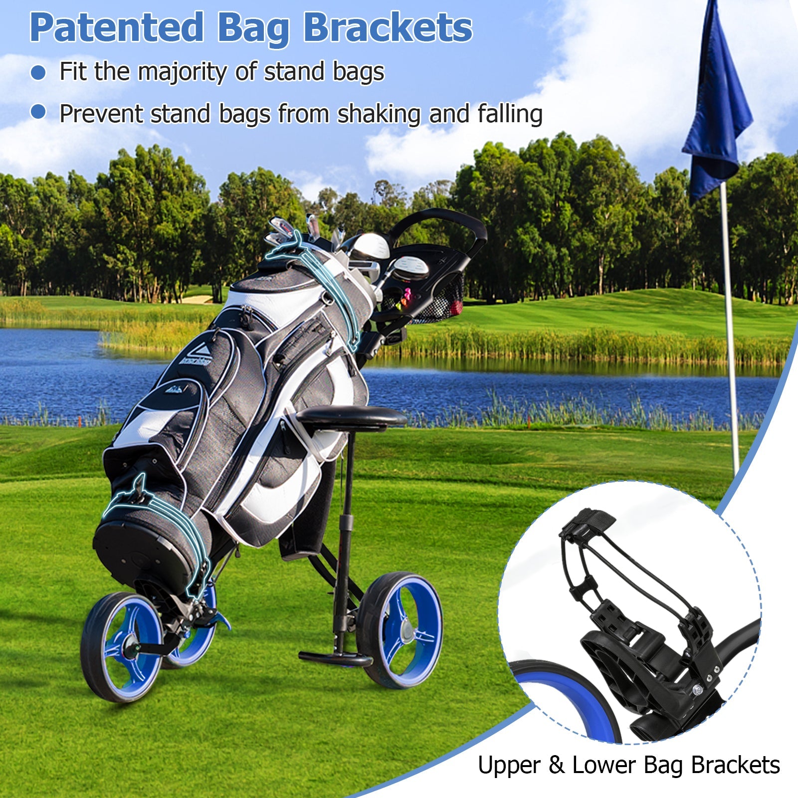 3 Wheels Push Pull Golf Trolley with Scoreboard Bag