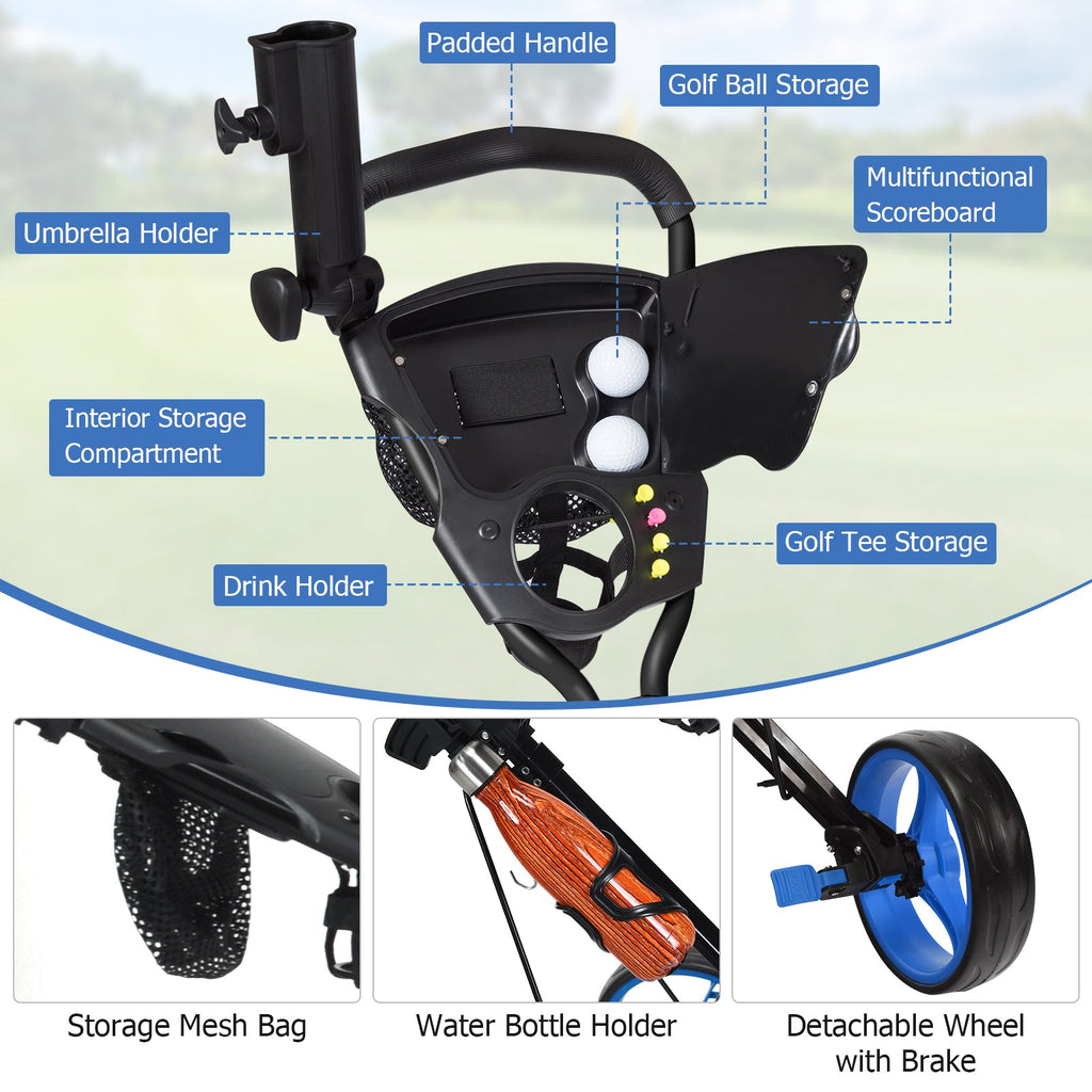 3 Wheels Push Pull Golf Trolley with Scoreboard Bag