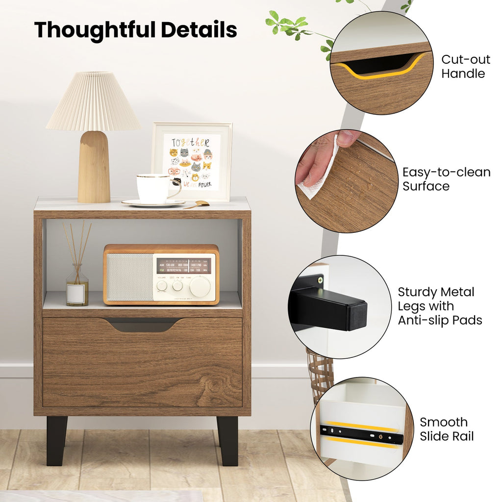 Nightstand Set of 2 with Drawer and Open Storage Shelf for Bedroom-White