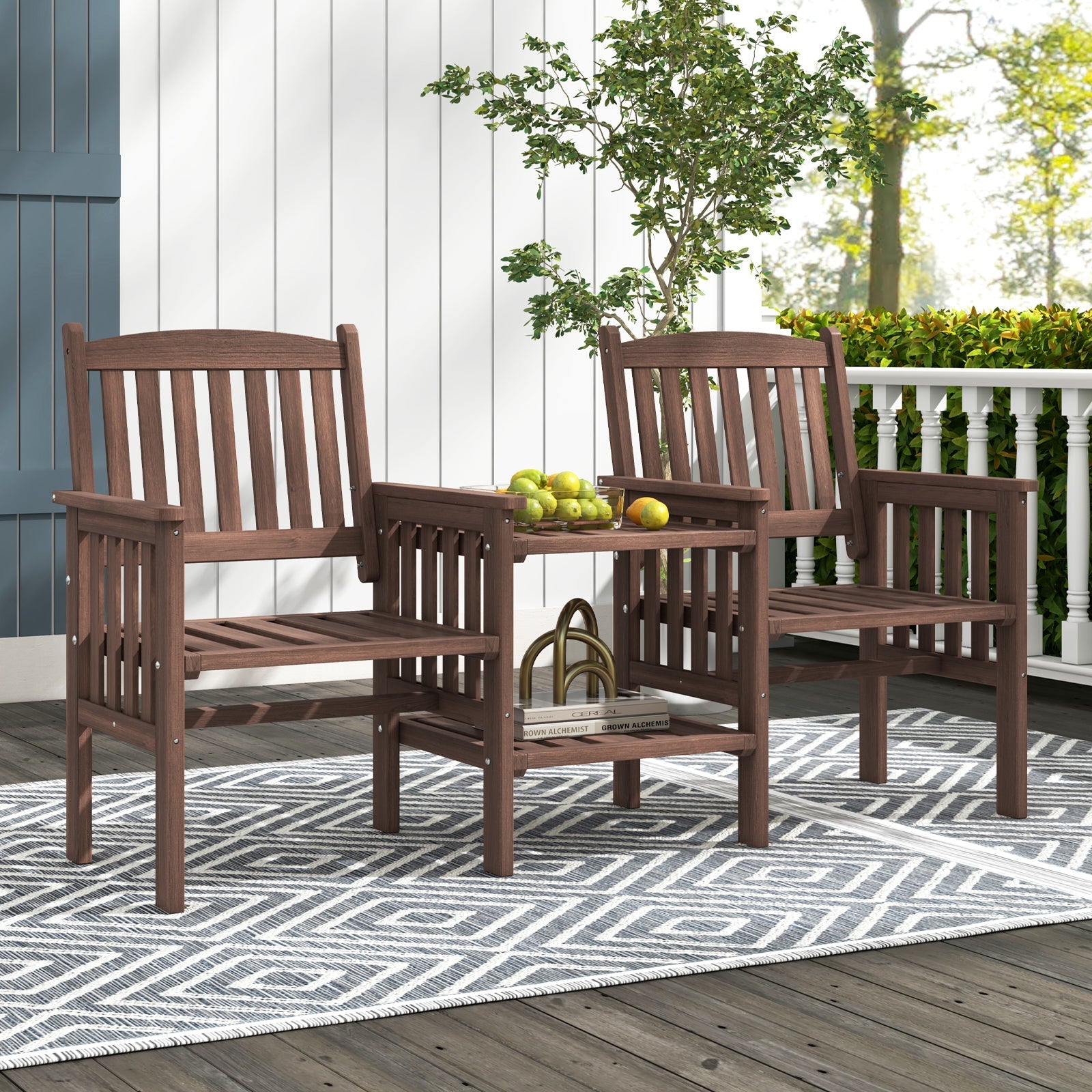 Outdoor Fir Wood Loveseat with 2-Tier Side Table and 1.96" Umbrella Hole