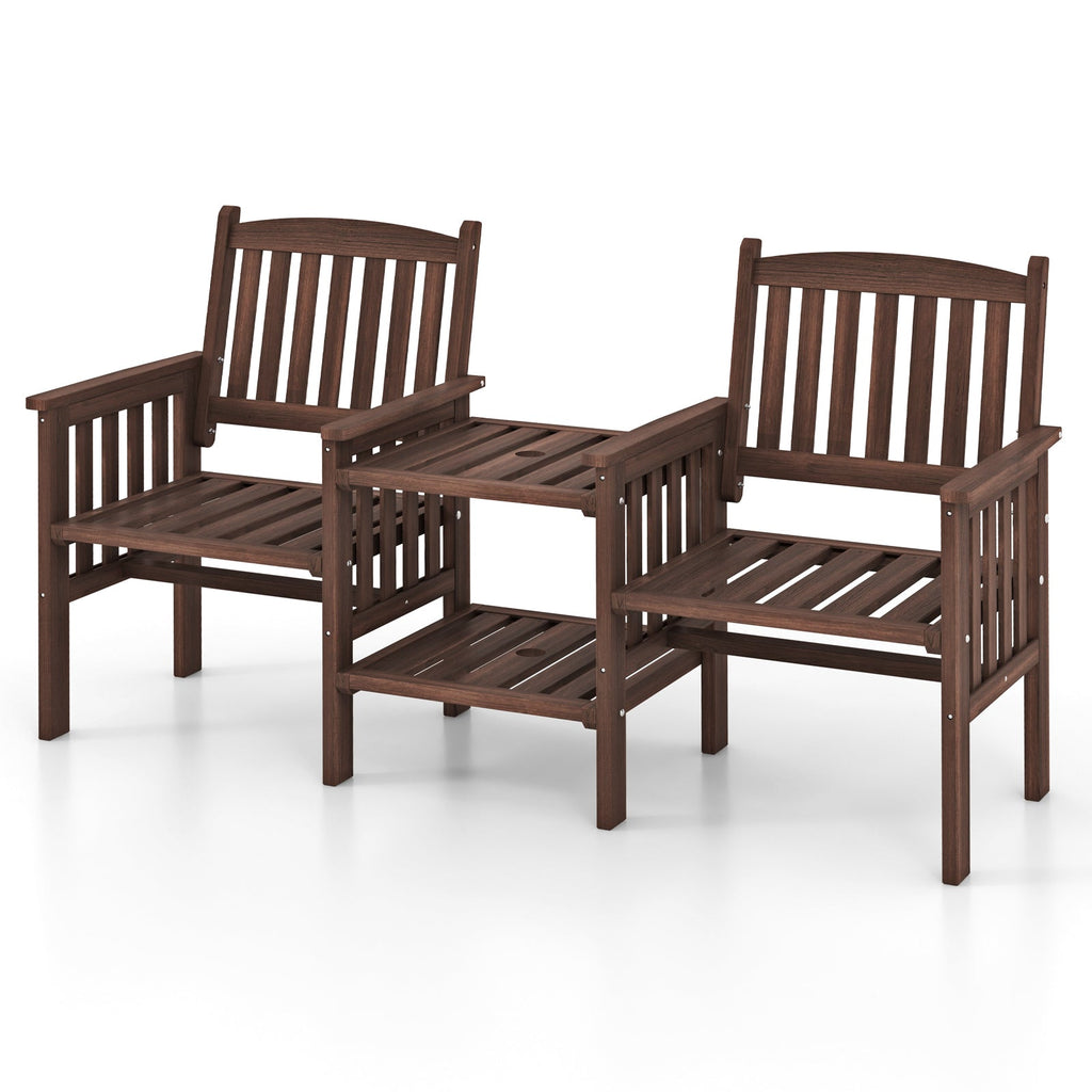 Outdoor Fir Wood Loveseat with 2-Tier Side Table and 1.96" Umbrella Hole