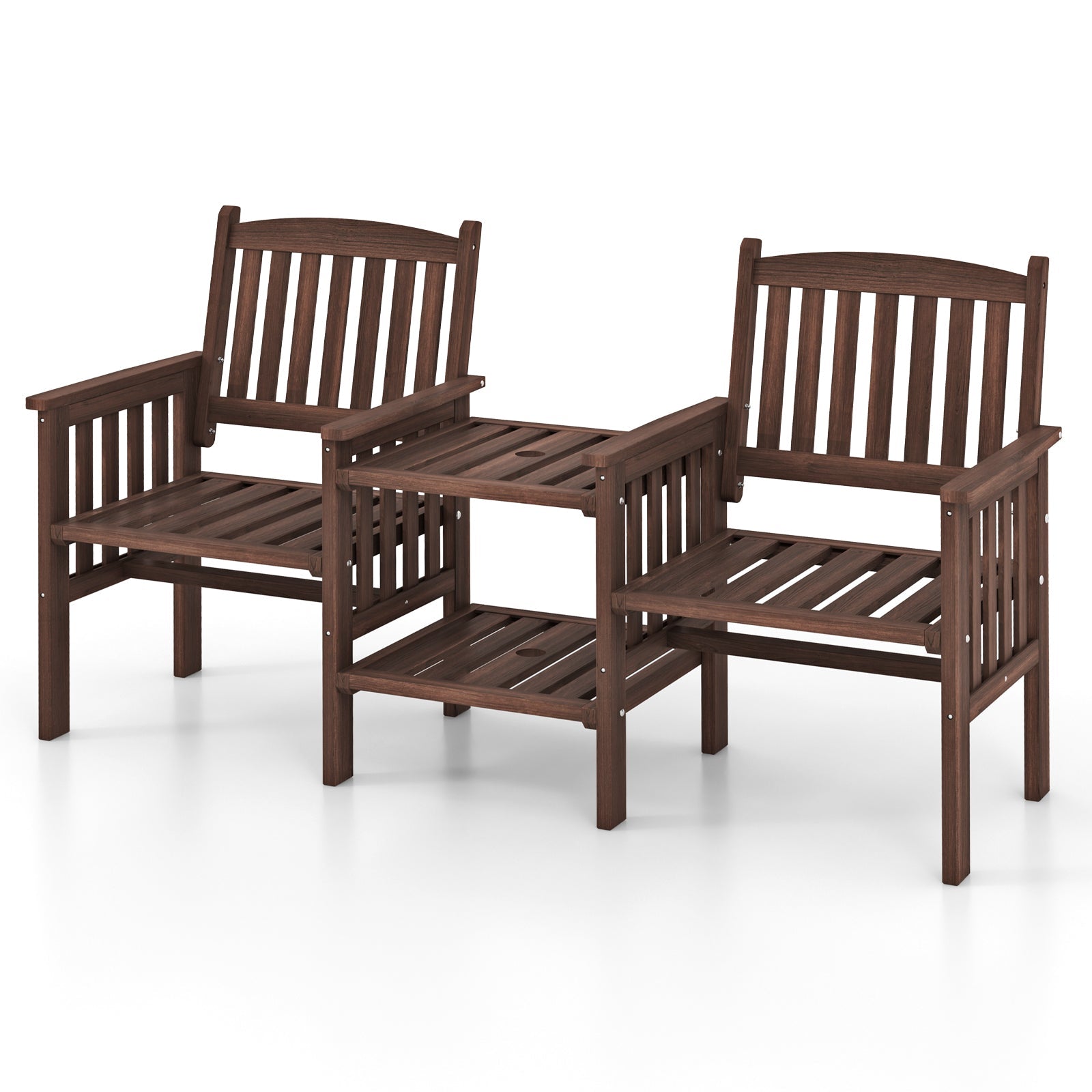 Outdoor Fir Wood Loveseat with 2-Tier Side Table and 1.96" Umbrella Hole