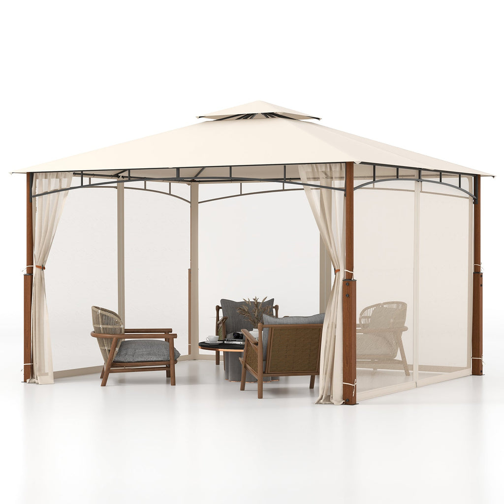 12 x 10 Feet Outdoor Patio Gazebo with Netting and 2-Tier Canopy Roof-Beige