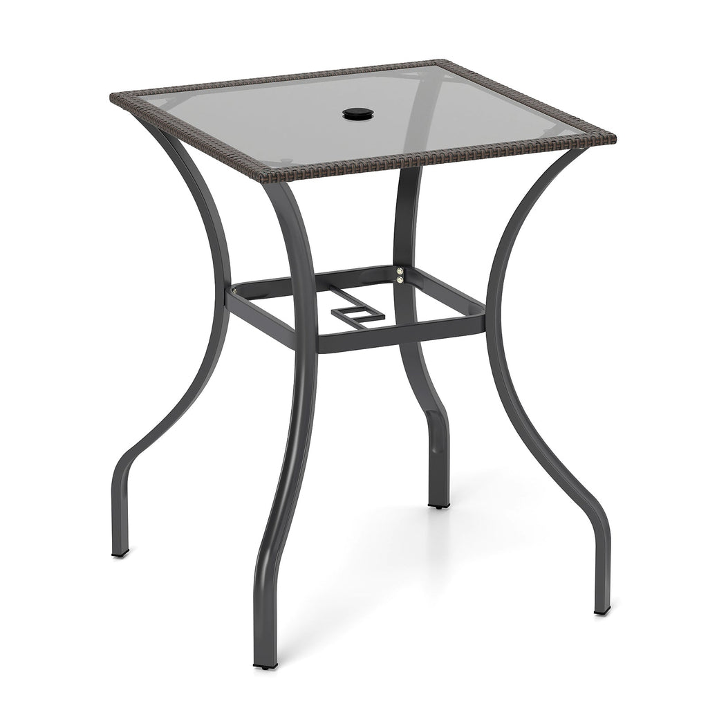 28.5 Inch Outdoor Patio Square Glass Top Table with Rattan Edging