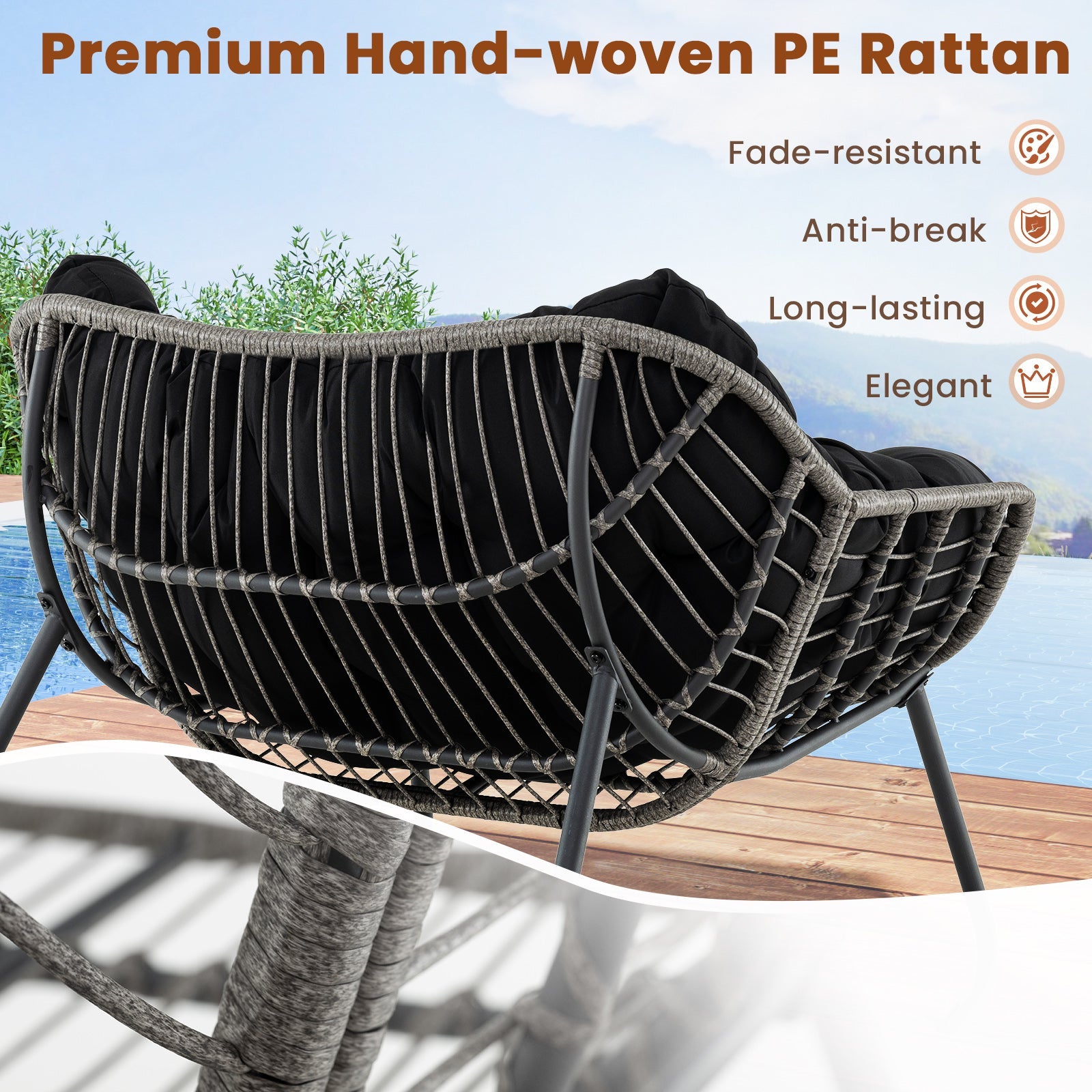 Outdoor Rocking Chair Oversized Patio PE Wicker Egg Chair with Cushion
