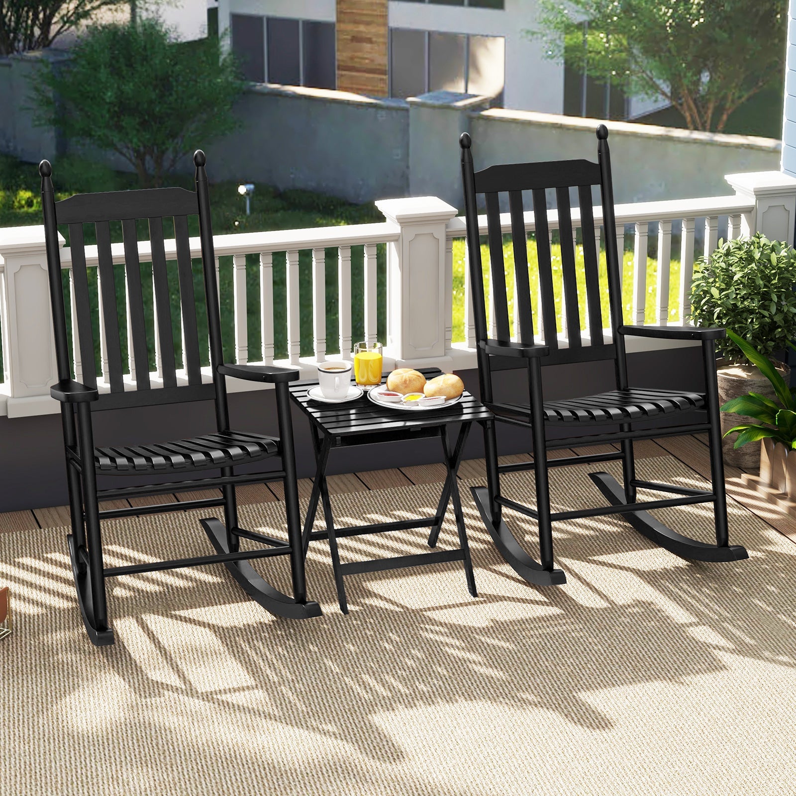 High-Back Acacia Wood Outdoor Rocking Chair with Solid Rocking Base