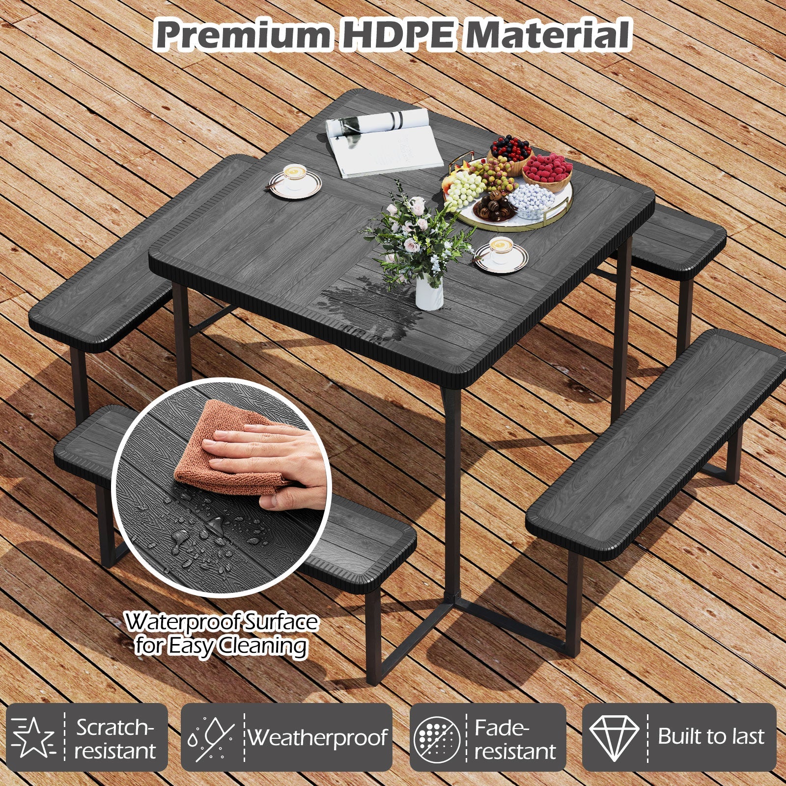 Outdoor Square Picnic Table Bench Set for 4-8 People with Umbrella Hole