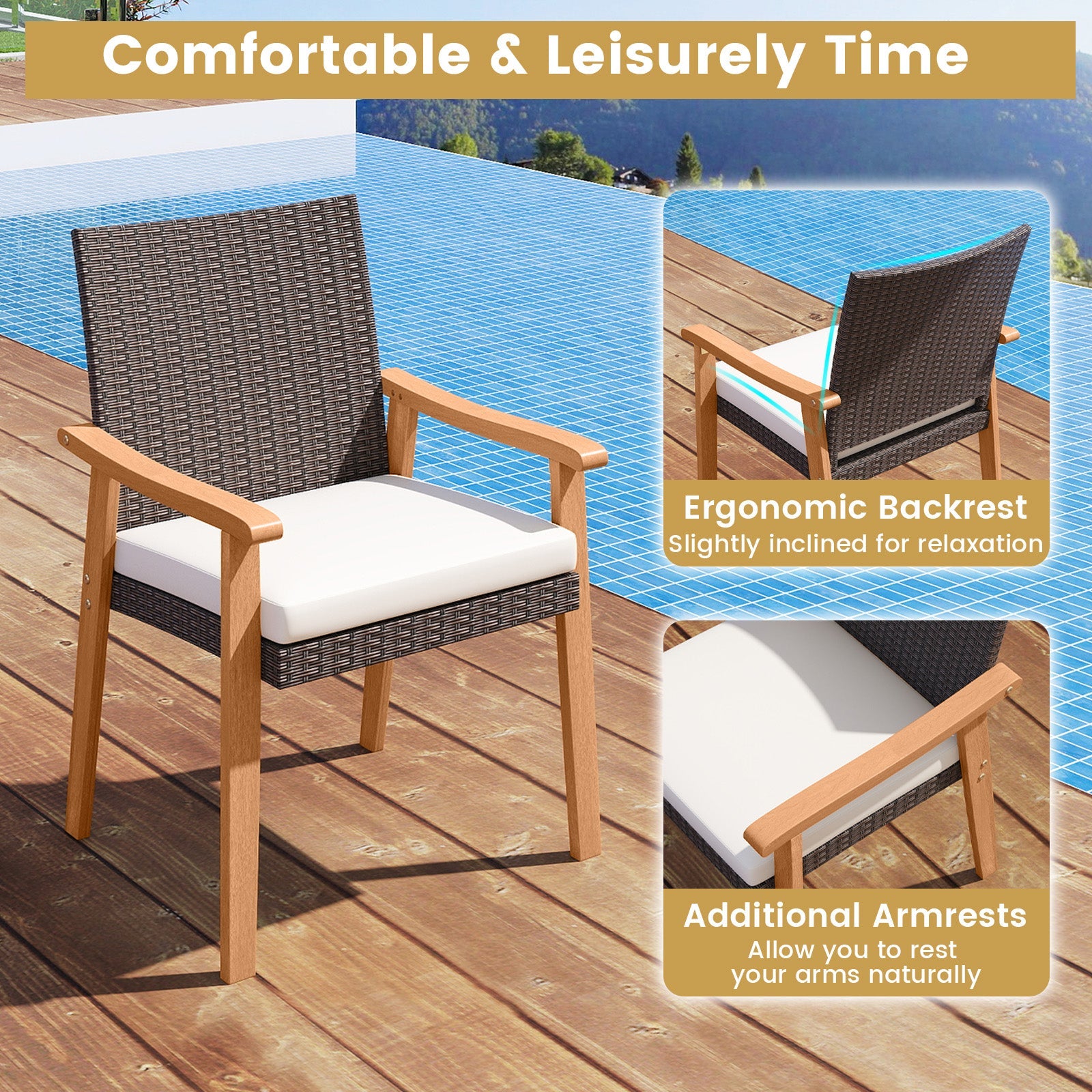 PE Rattan Outdoor Patio Dining Chair Set of 4 with Removable Cushion and Acacia Wood Armrests-White