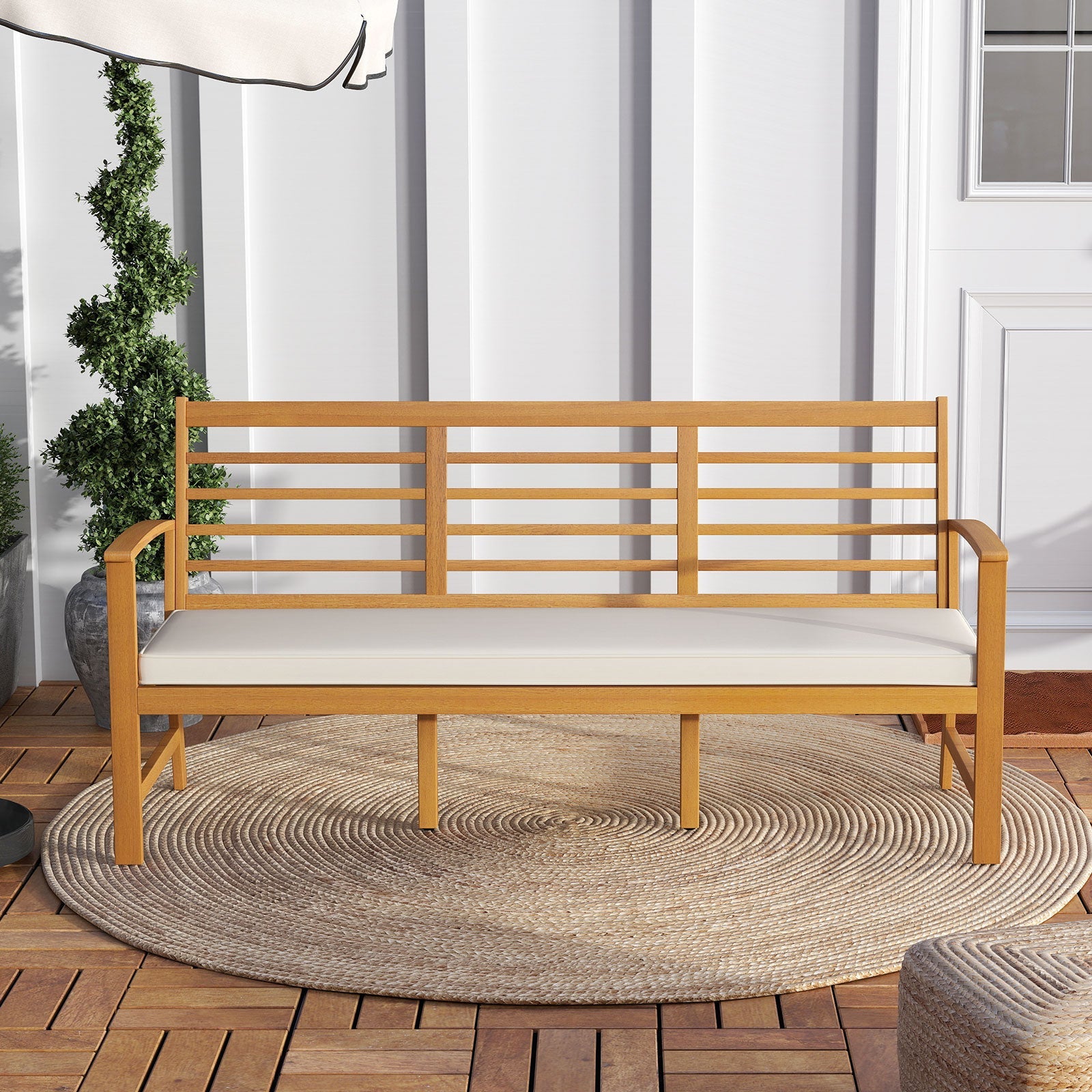 Patio 64 Inch Wood Bench with Seat Cushion and Slatted Seat for Backyard-Off White