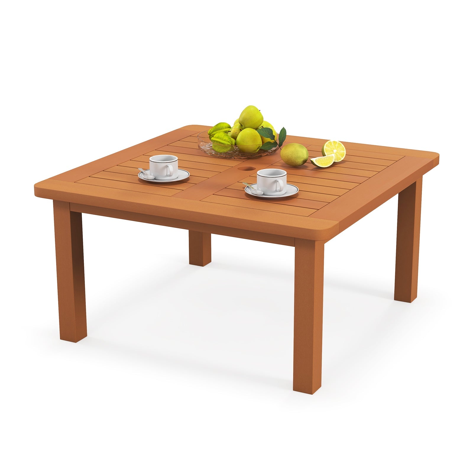 Patio Coffee Table with Umbrella Hole and Teak Oil Finish