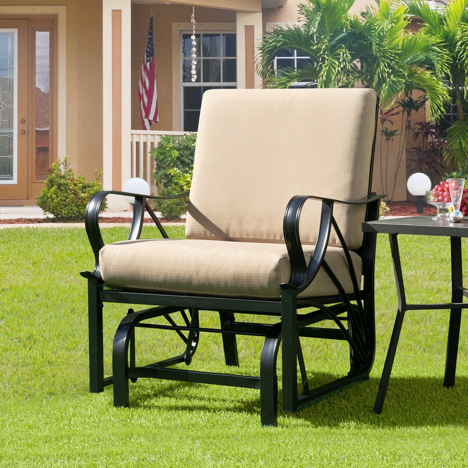 Patio Glider Rocking Chair with Thick Cushion and Curved Armrest