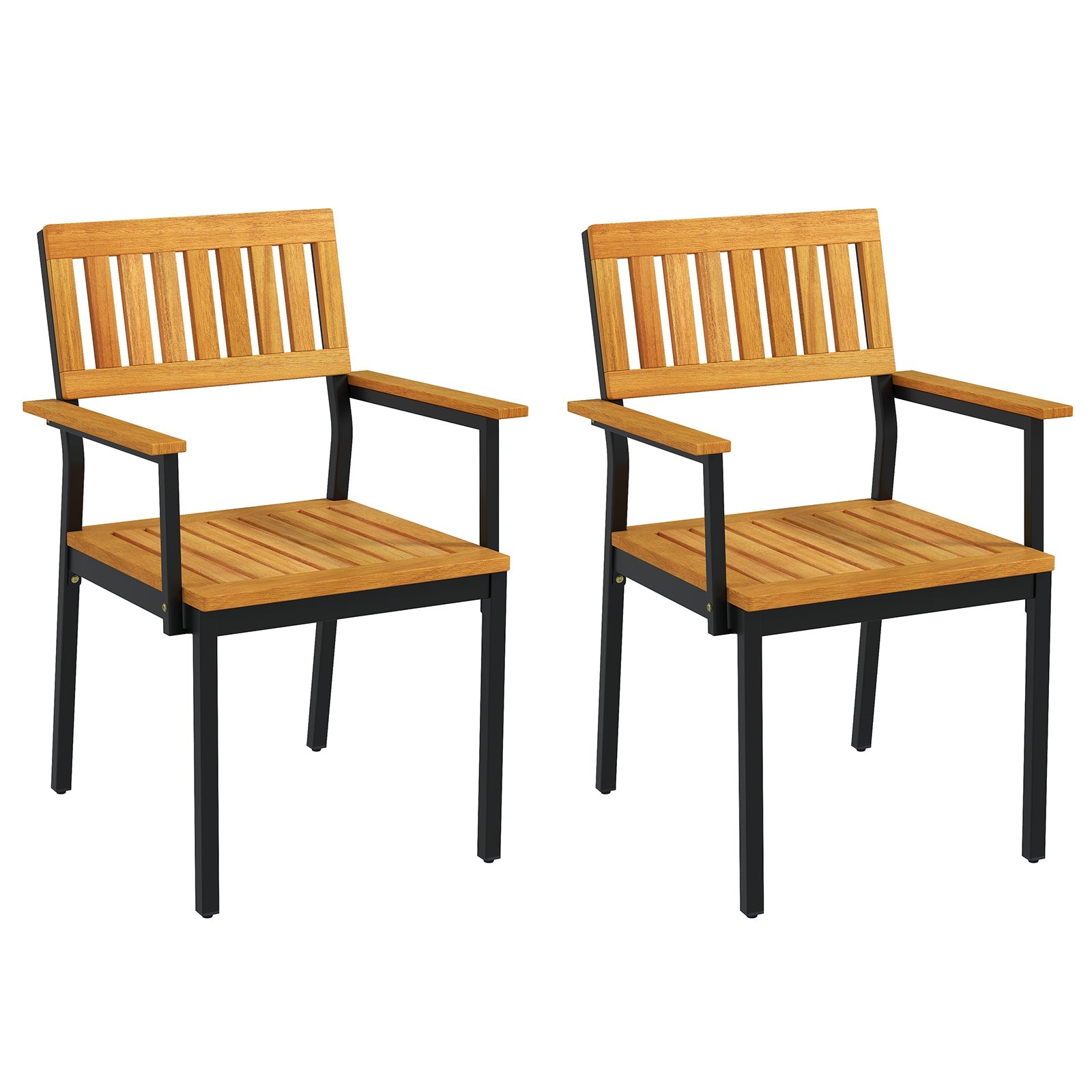 Patio Outdoor Dining Chair Set of 2 with Metal and Acacia Wood Frame