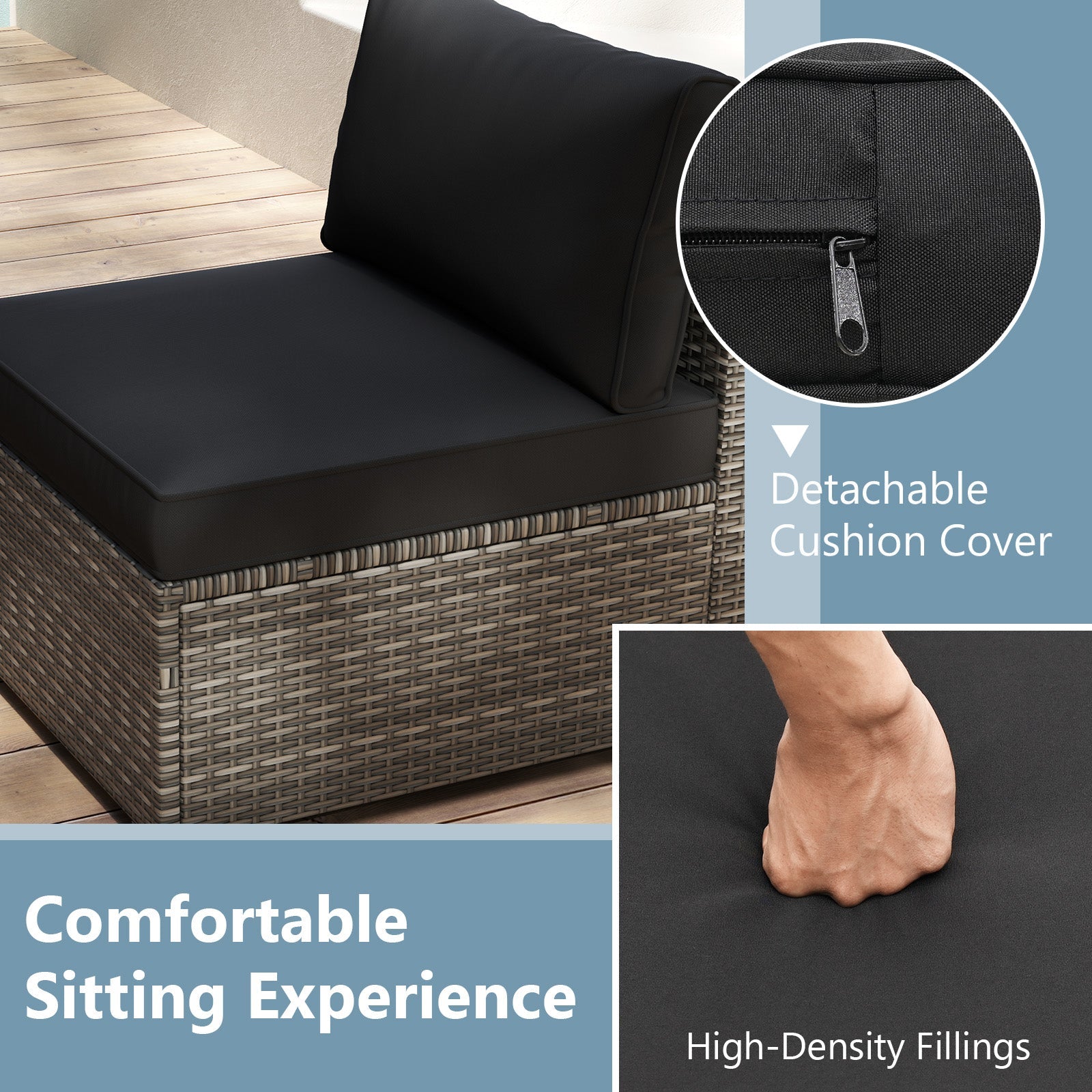 5-Piece Outdoor Patio Sectional Sofa Couch and Glass Coffee Table with Cushions