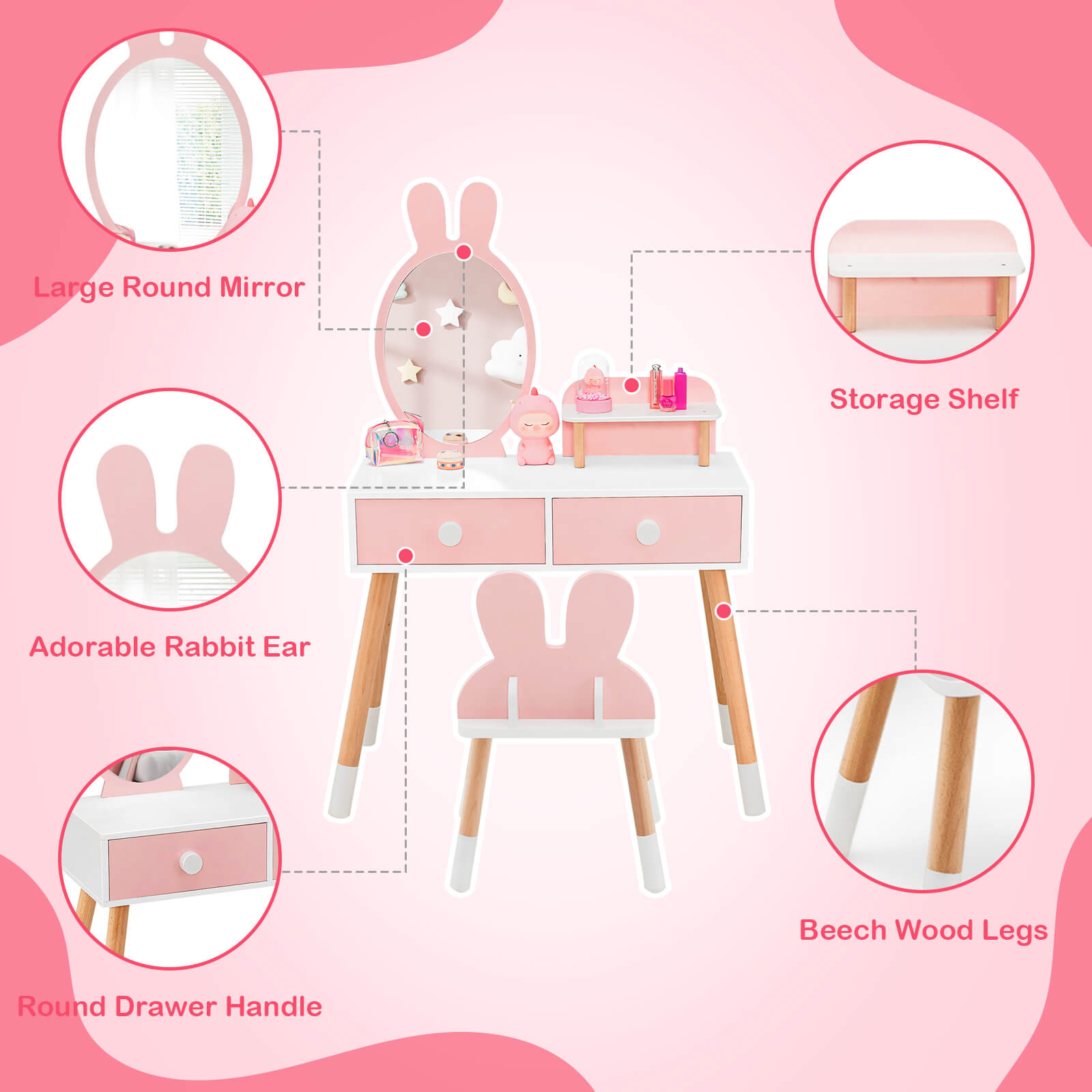 Kids Vanity Table and Chair Set with Drawer Shelf and Rabbit Mirror