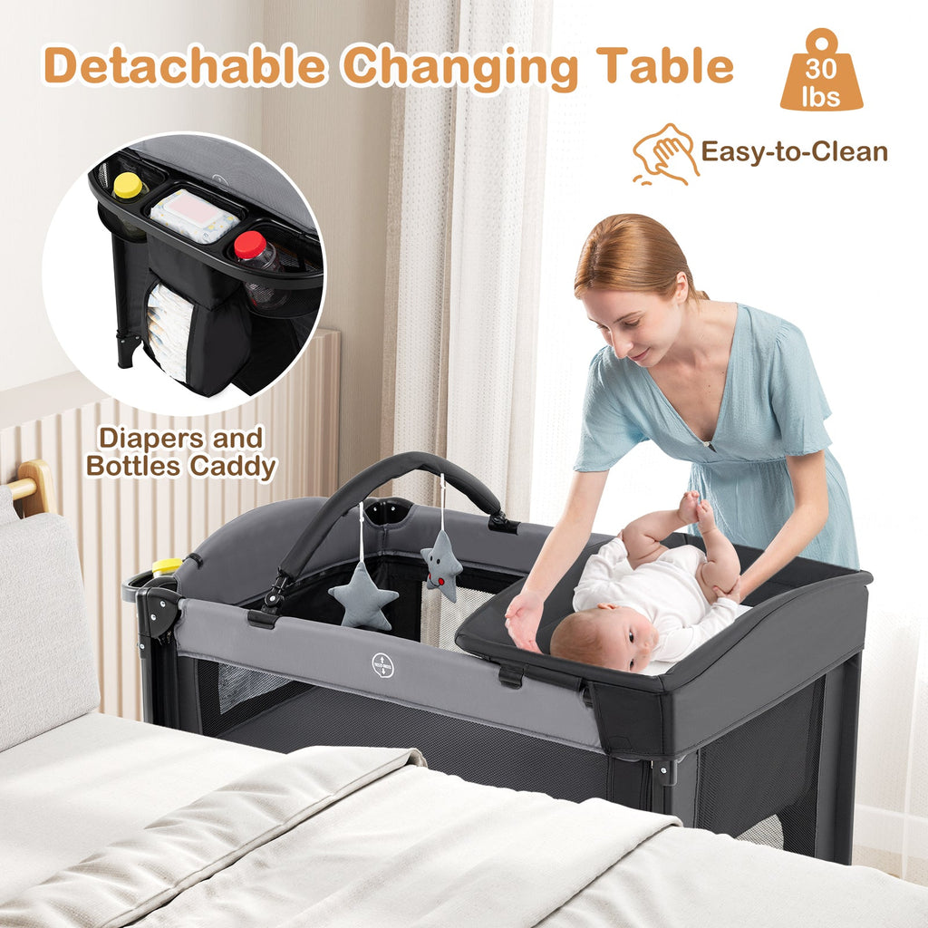 Foldable Baby Bassinet with 4 Adjustable Heights Changing Table and Mattress