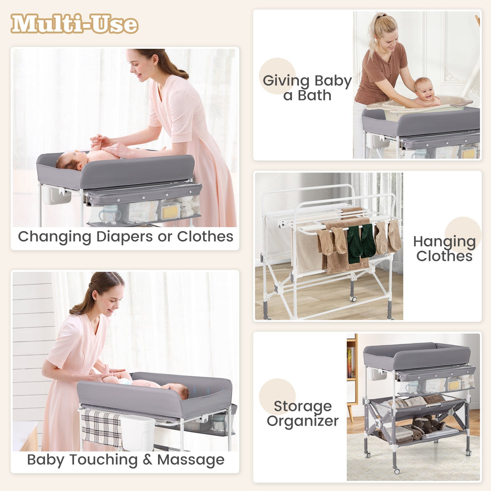 Portable Baby Changing Table with Wheels and Large Storage Rack