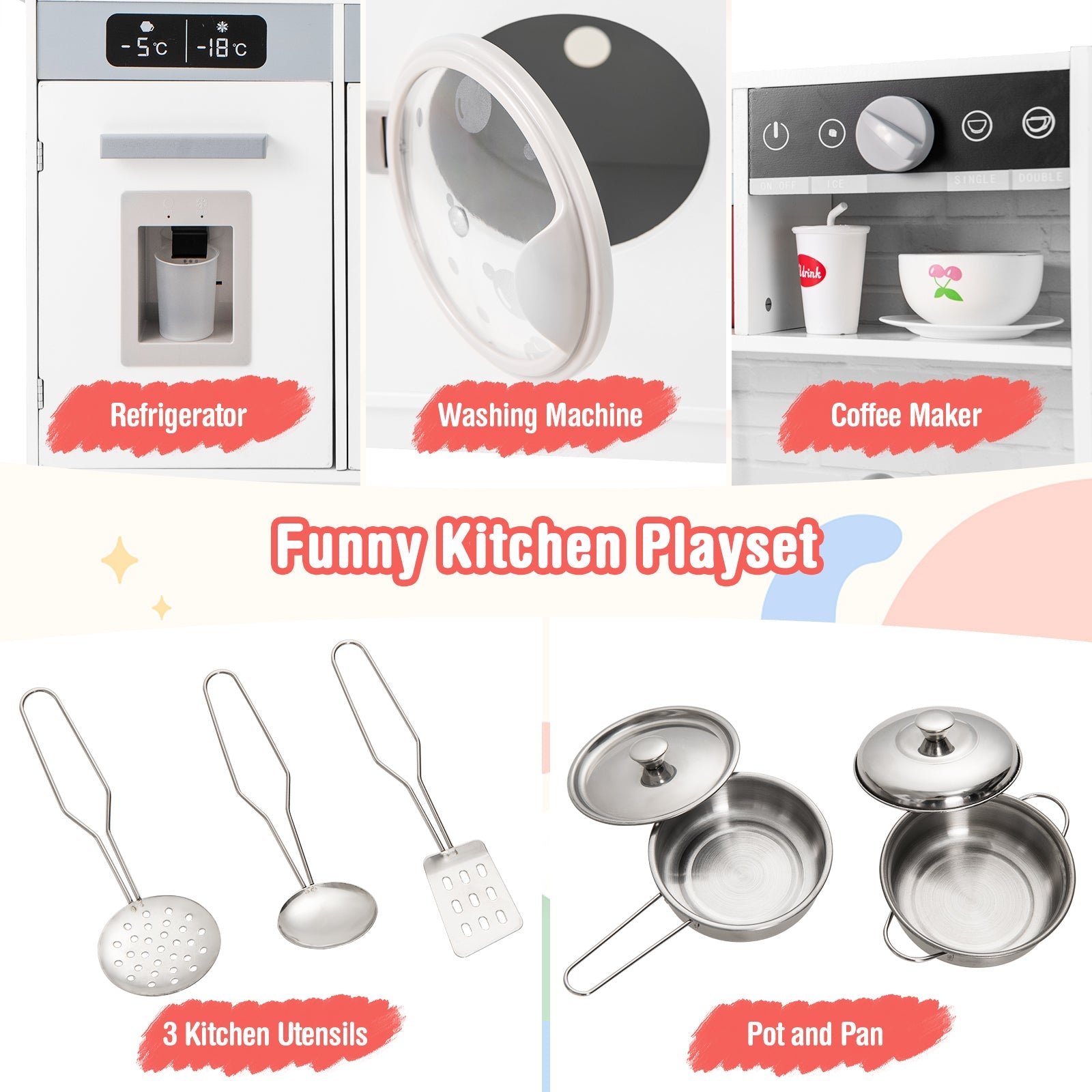 Pretend Play Kitchen Wooden Toy Set Kitchen Accessory Playset with Real Lights Sounds