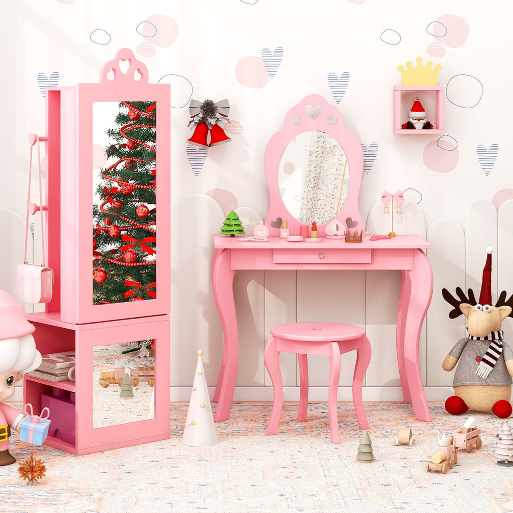 Princess Vanity Table and Stool Set Freestanding Jewelry Cabinet Armoire with Full-Length Mirror