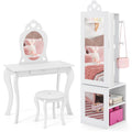 Princess Vanity Table and Stool Set Freestanding Jewelry Cabinet Armoire with Full-Length Mirror