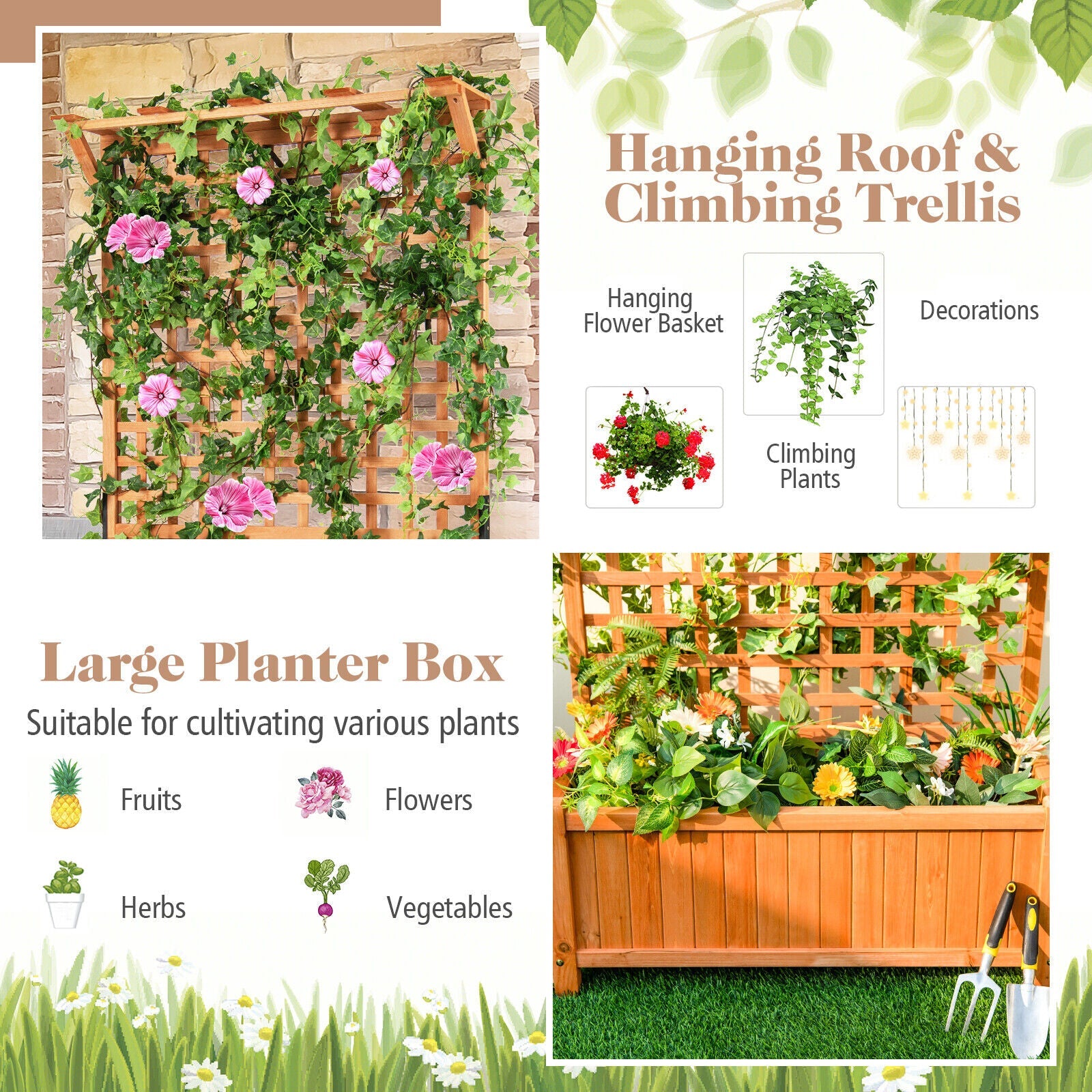 Raised Garden Bed with Trellis and Hanging Roof-Natural