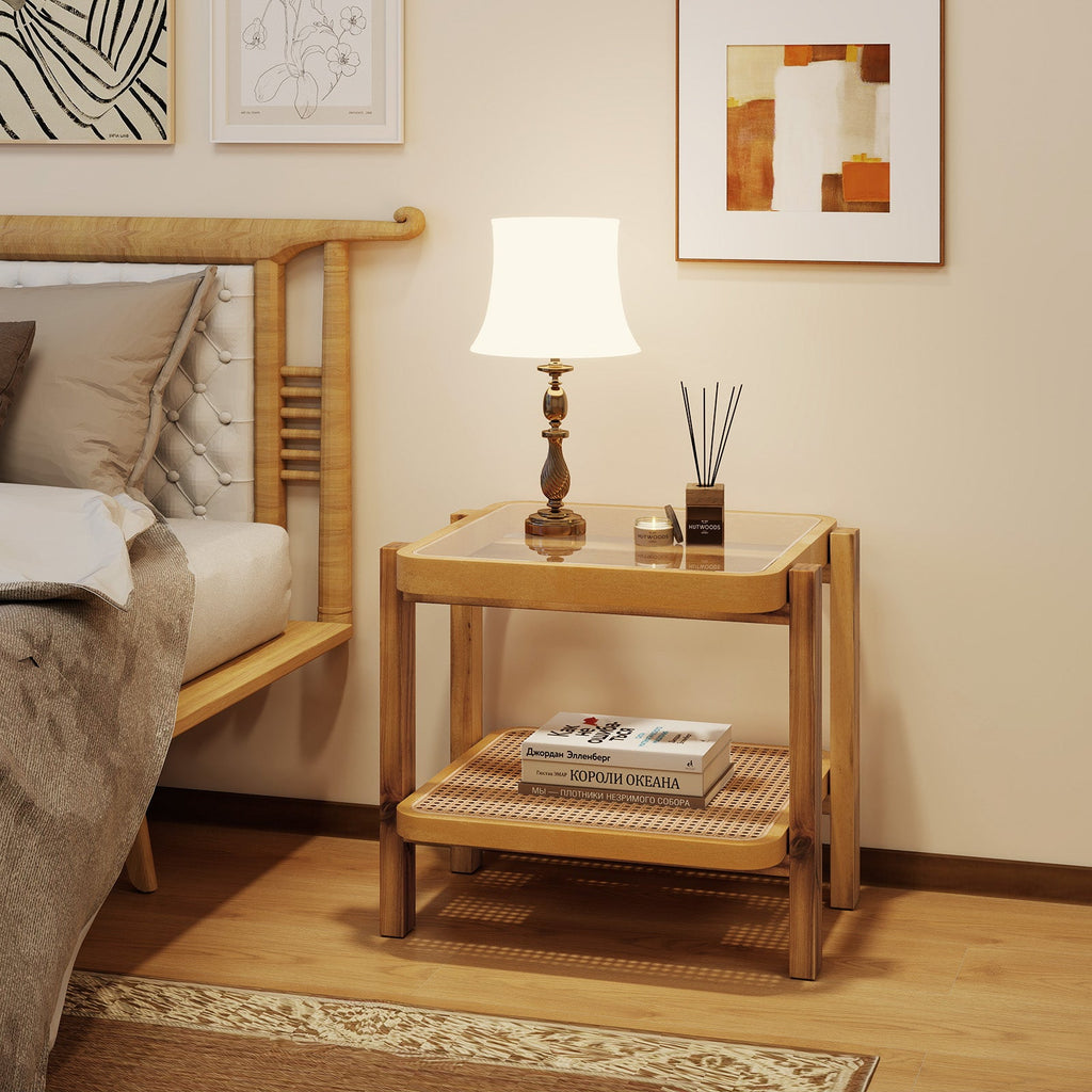 Rattan 2-Tier End Side Table with Tempered Glass Top Acacia Wood Legs-Brown
