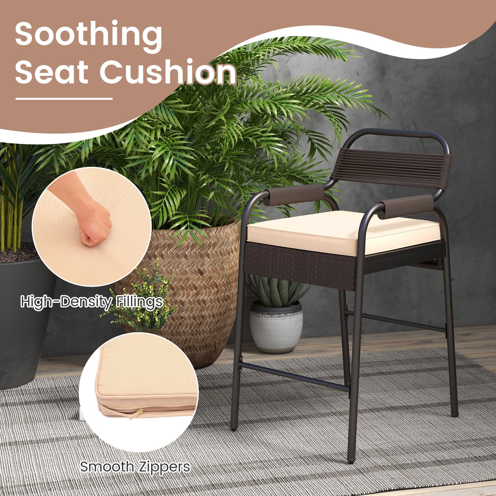 5 Piece Rattan Counter Set with 4 Stools and Polywood Bar Table-Brown