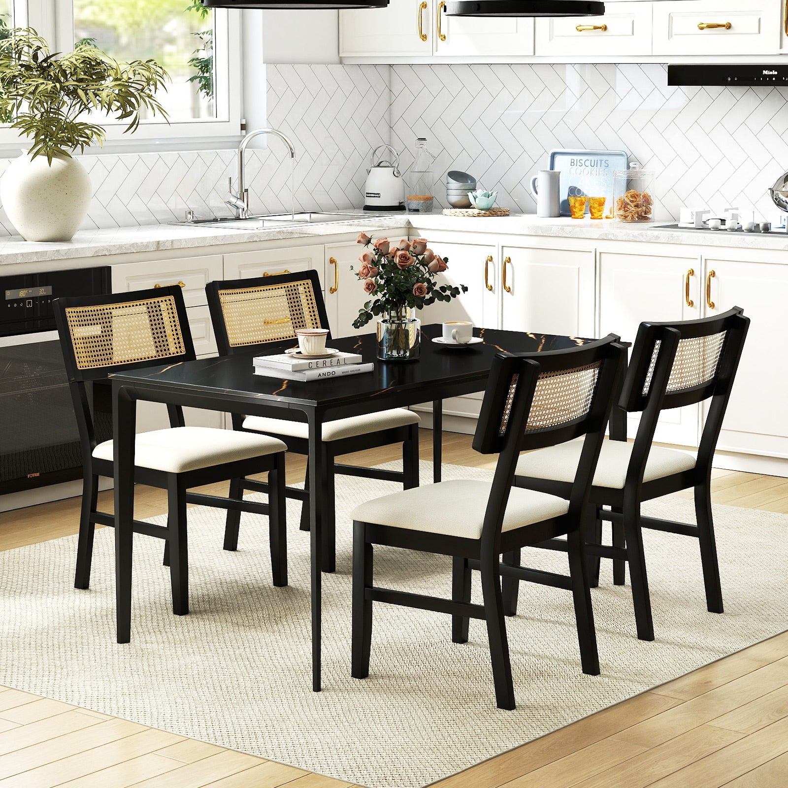 Rattan Dining Chairs Set of 4 Fabric Upholstered Kitchen Chairs with Padded Seat and Rubber Wood Legs-Black