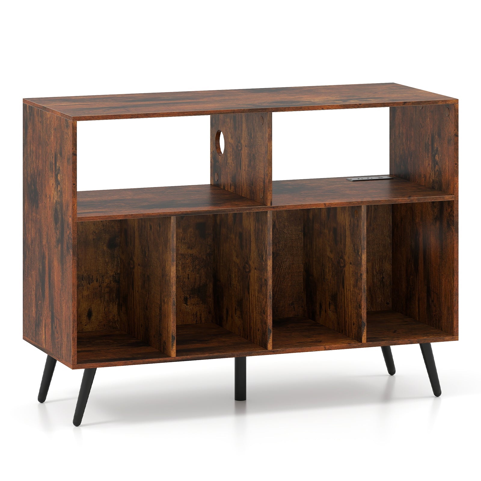 Record Player Stand with Charging Station and Open Shelves-Rustic Brown