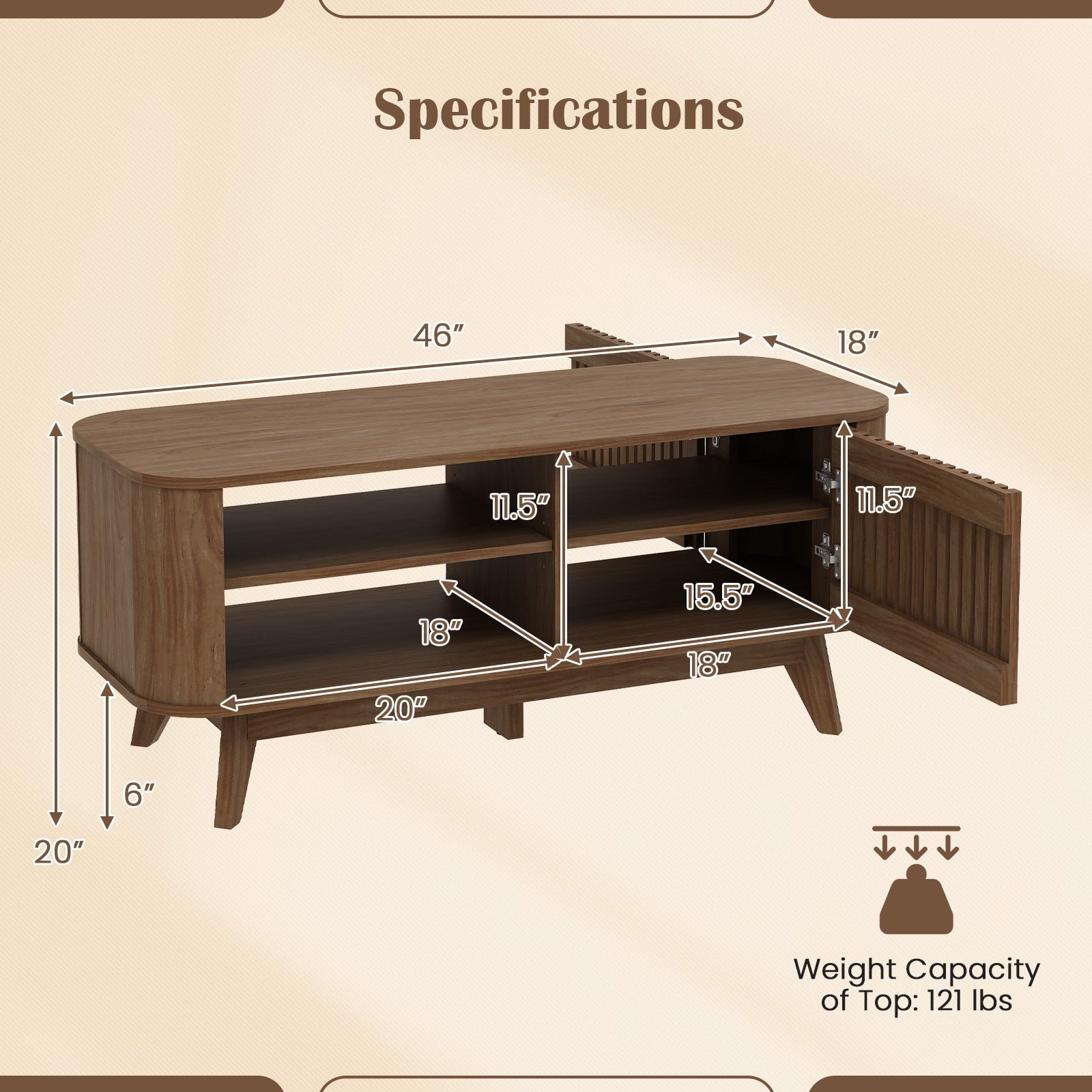 Rectangular Coffee Table with Storage and Adjustable Shelves-Walnut