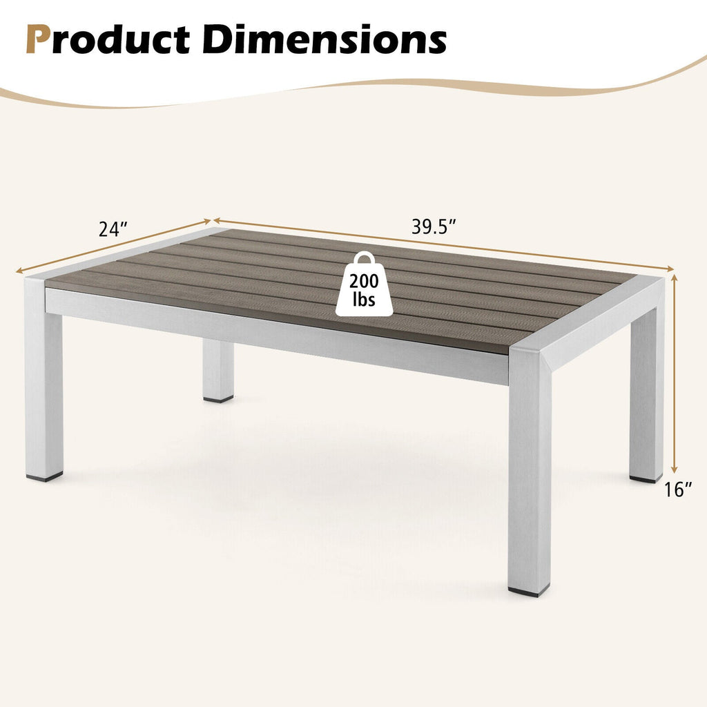 Modern Rectangular Patio Coffee Table with Plastic Wood Tabletop and Rustproof Aluminum Frame-Gray