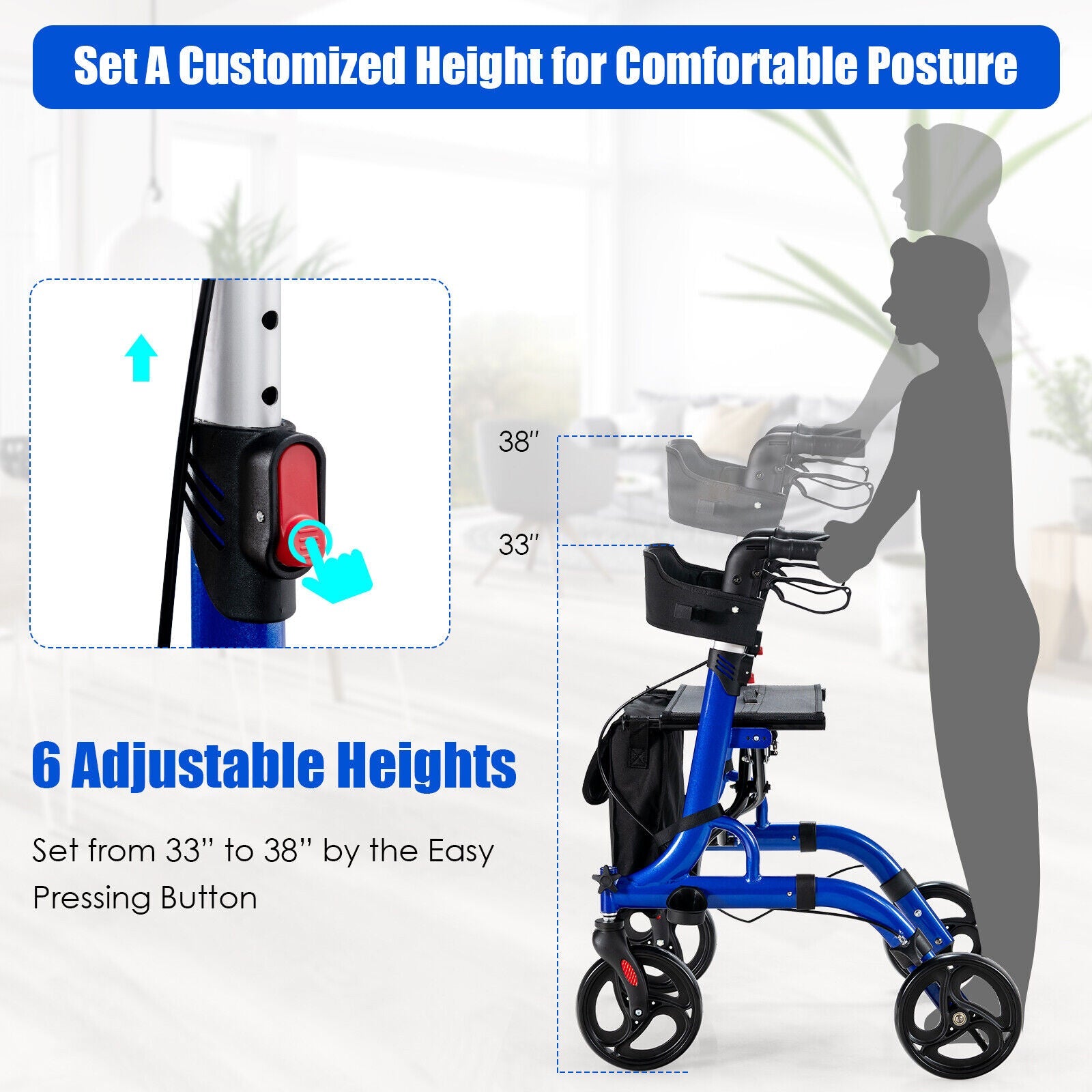Folding Aluminum Rollator Walker with 8 inch Wheels and Seat