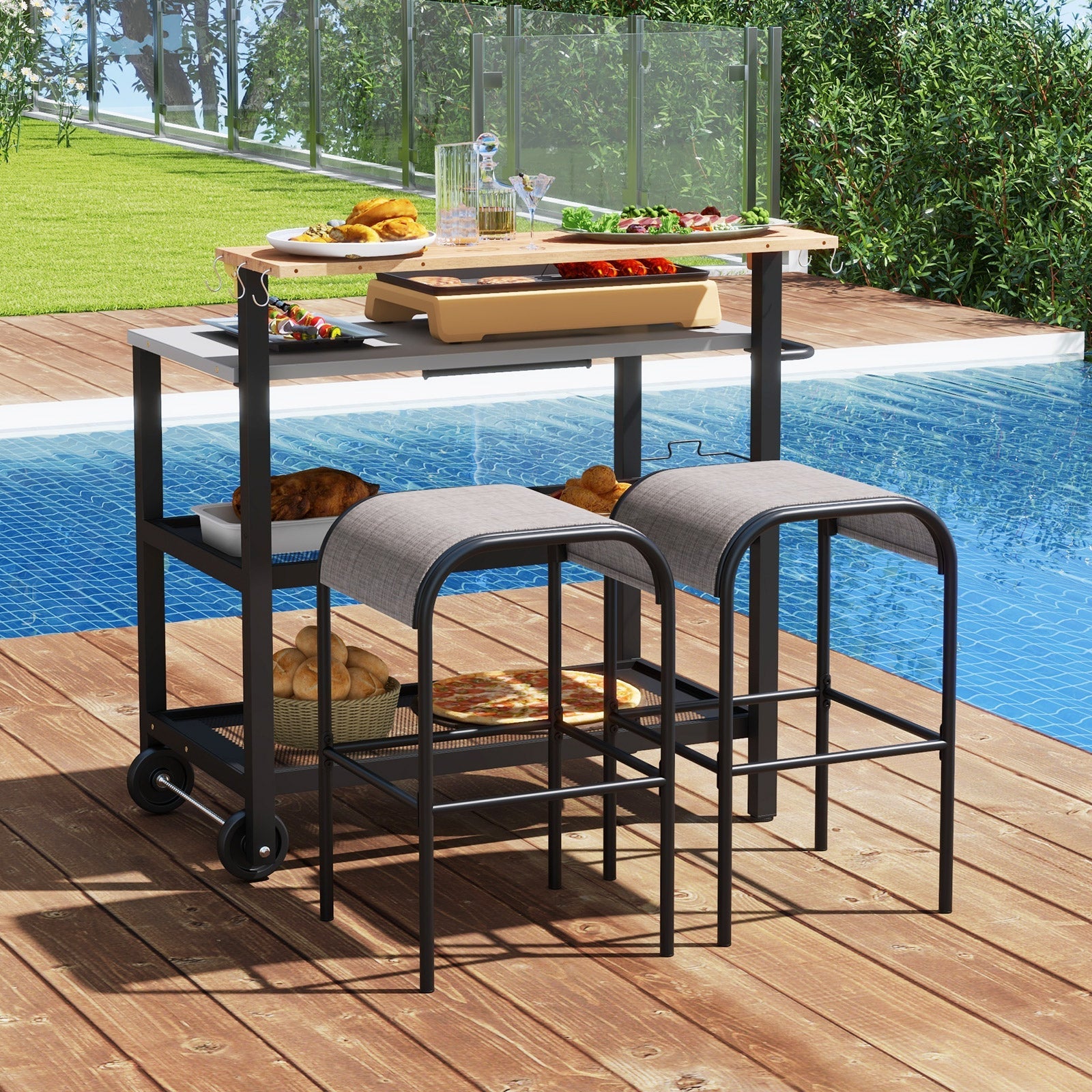 Rolling Bar Cart with Flip-up Table and Hooks for Kitchen