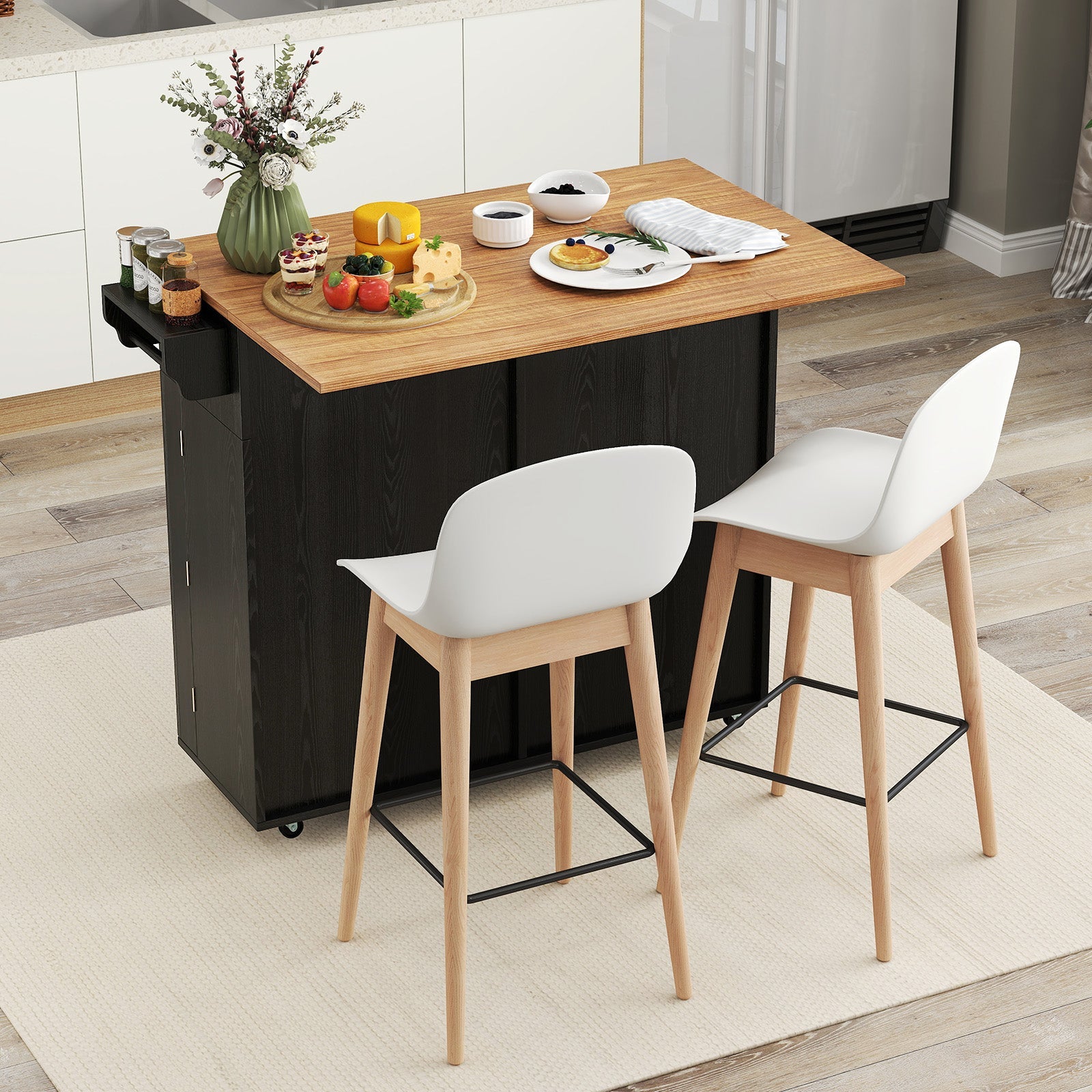 Rolling Kitchen Island with Trash Can Cabinet and Rubber Universal Wheels