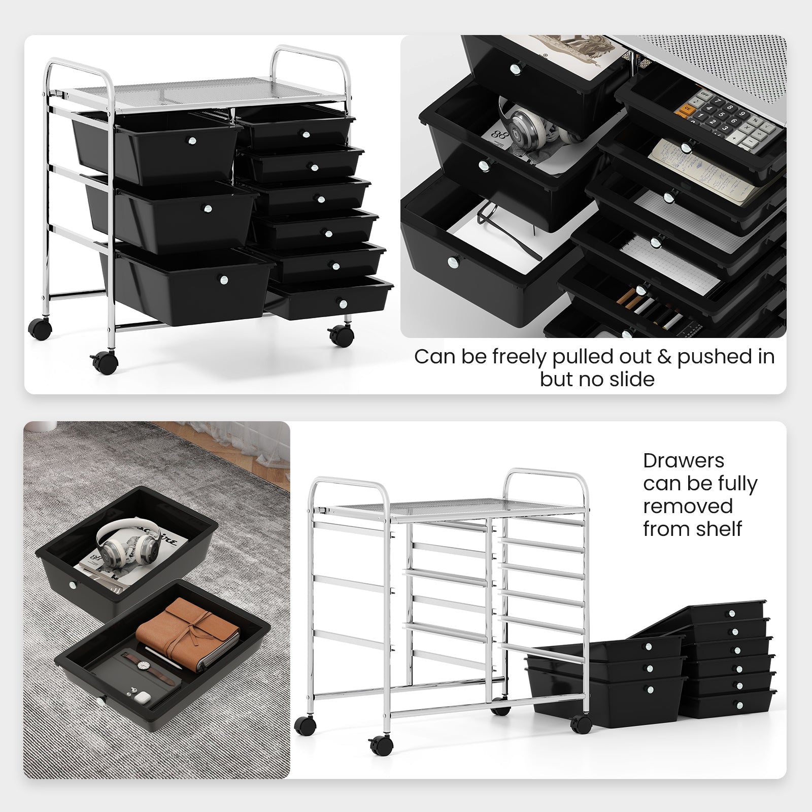 9-Drawer Rolling Storage Cart with Colorful Drawers and Metal Frame