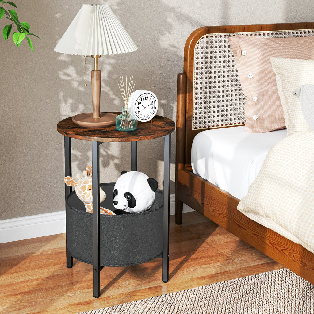 Round End Table 2-Tier Side Table with Removable Fabric Basket and Metal Frame