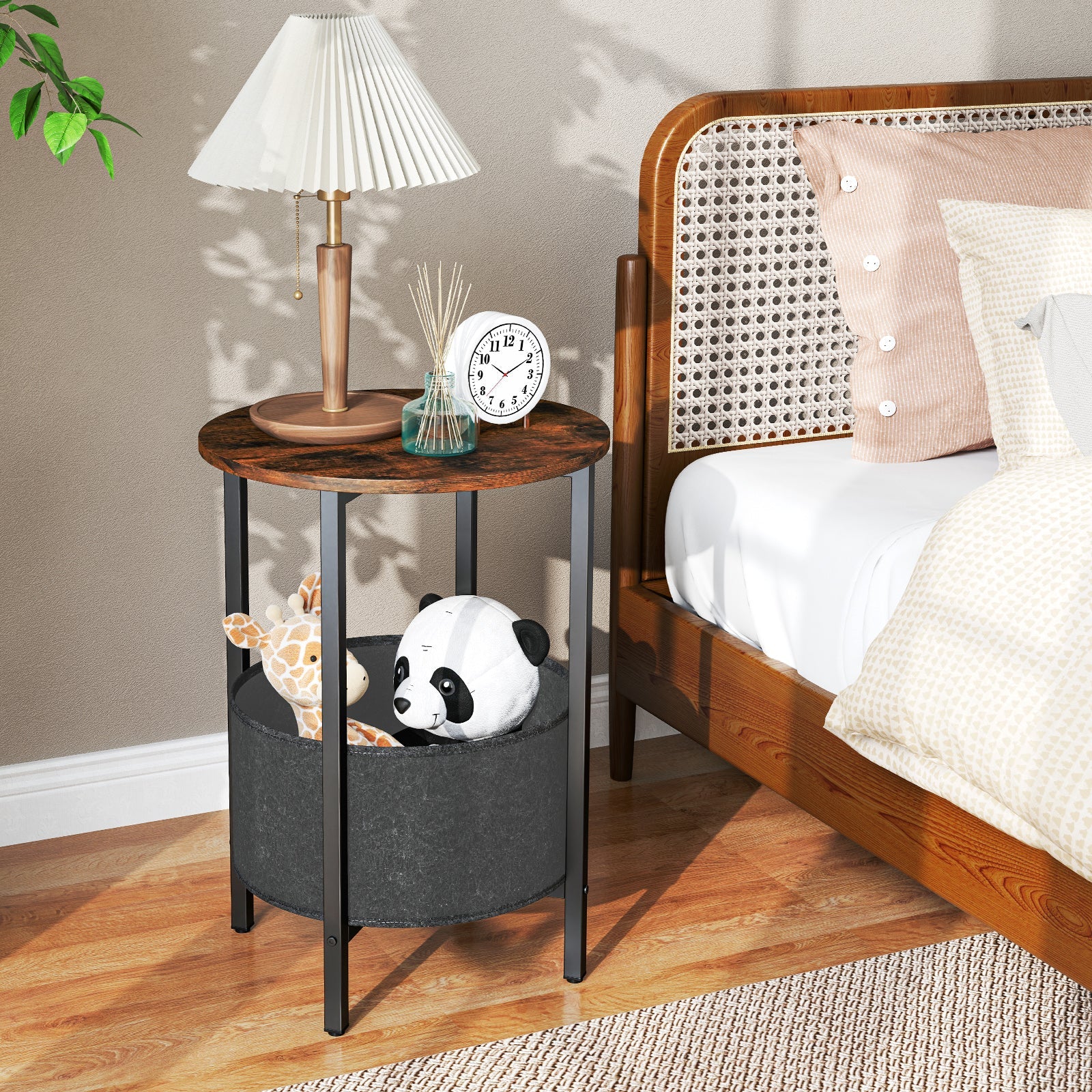Round End Table 2-Tier Side Table with Removable Fabric Basket and Metal Frame