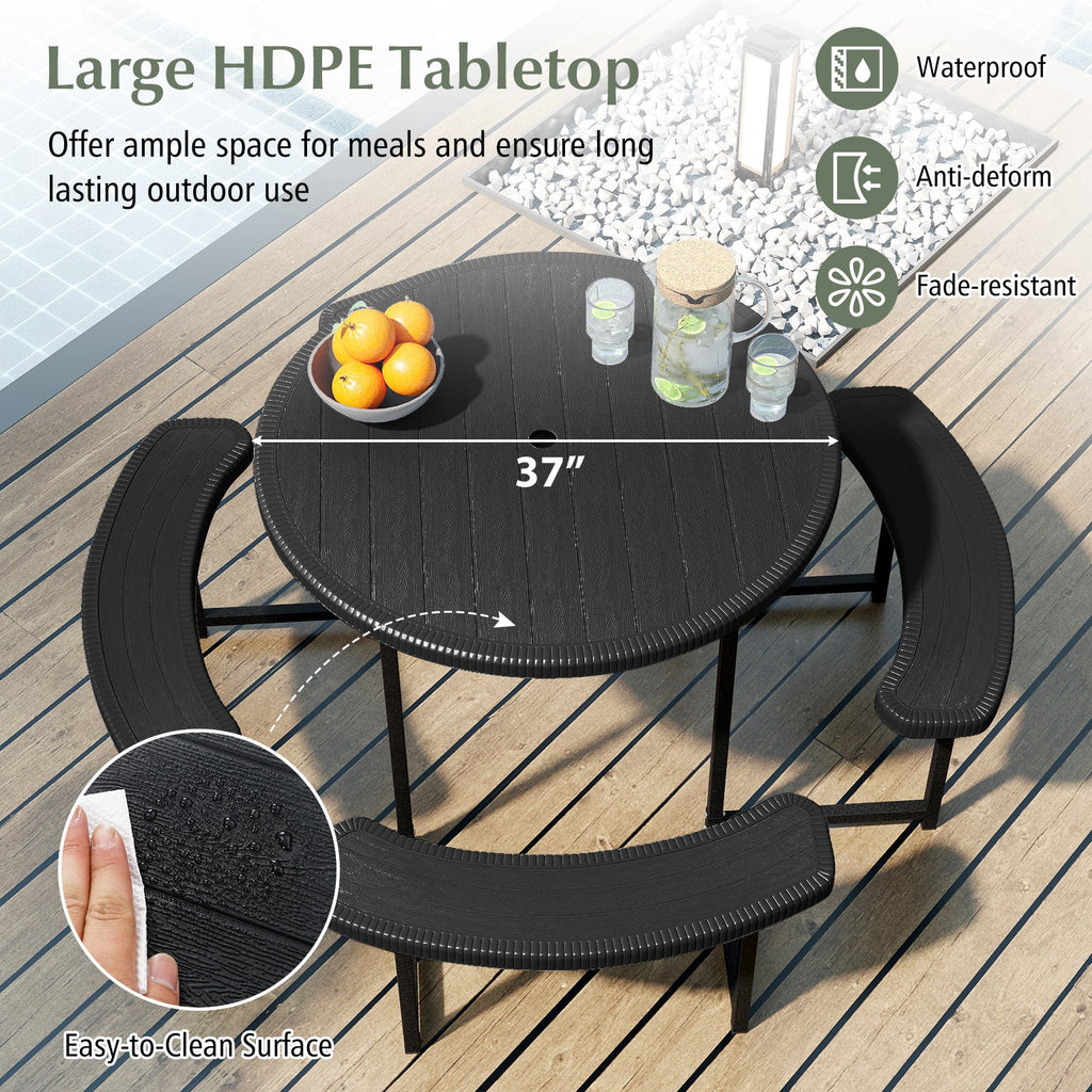 Round Picnic Table Bench Set with 4 Benches and Umbrella Hole for Patio Lawn