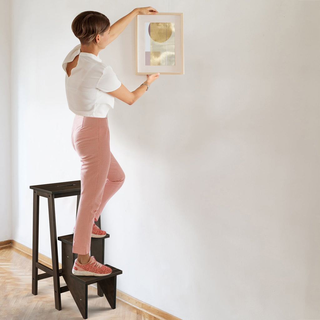 3-in-1 Rubber Wood 3 Tier Folding Step Stool Ladder Storage Shelf-Coffee