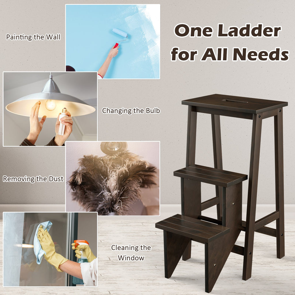 3-in-1 Rubber Wood 3 Tier Folding Step Stool Ladder Storage Shelf-Coffee