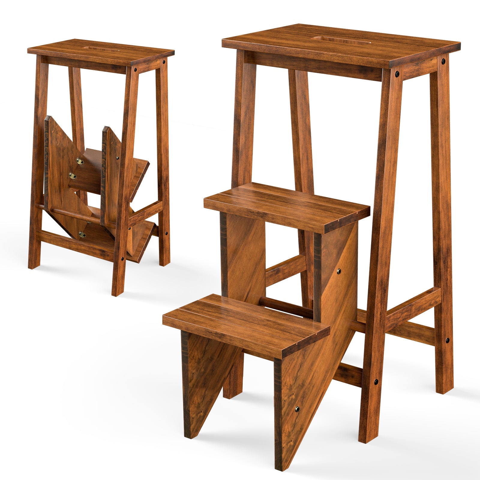3-in-1 Rubber Wood 3 Tier Folding Step Stool Ladder Storage Shelf-Coffee