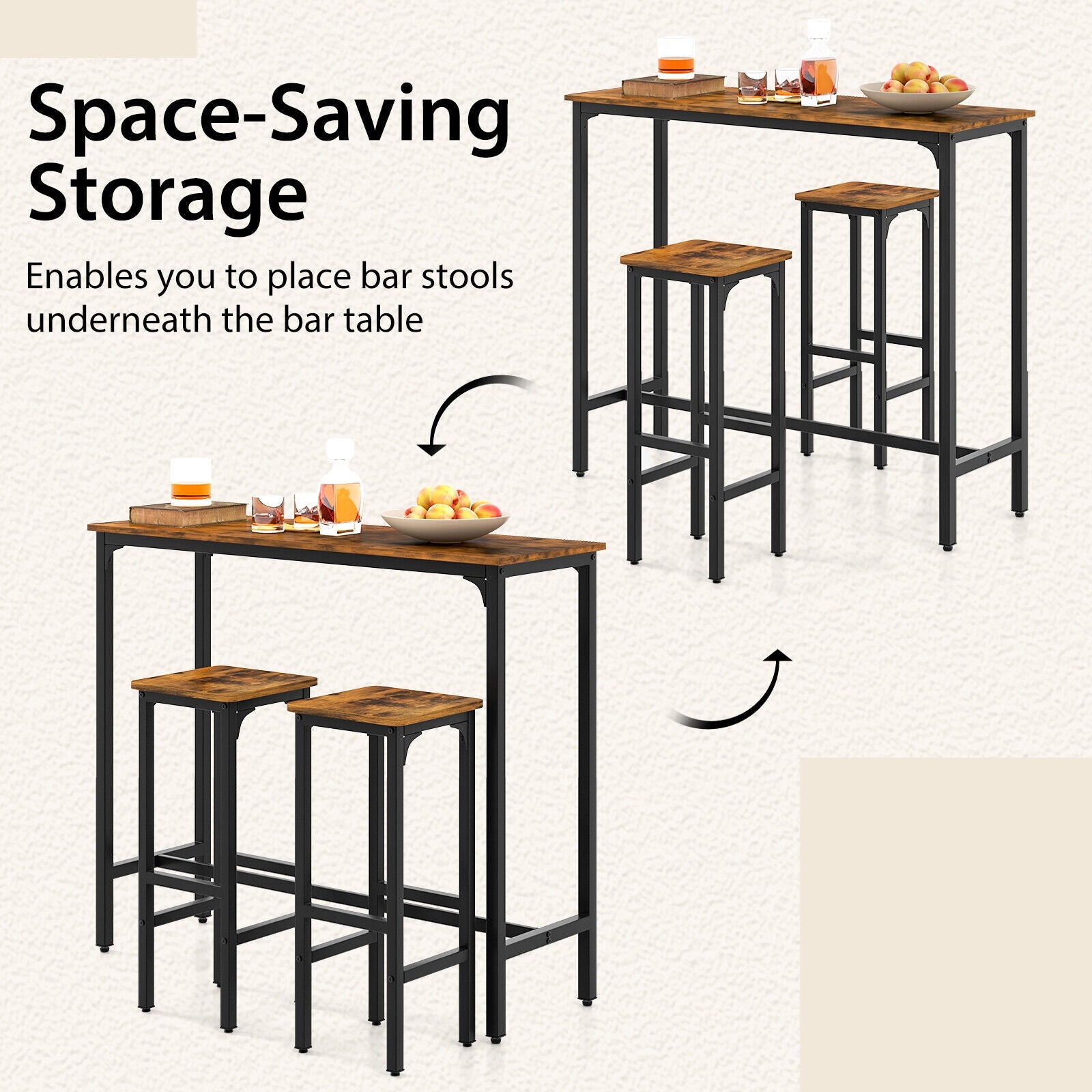 3 Pieces Industrial Bar Table and Chairs Set with Metal Frame-Rustic Brown