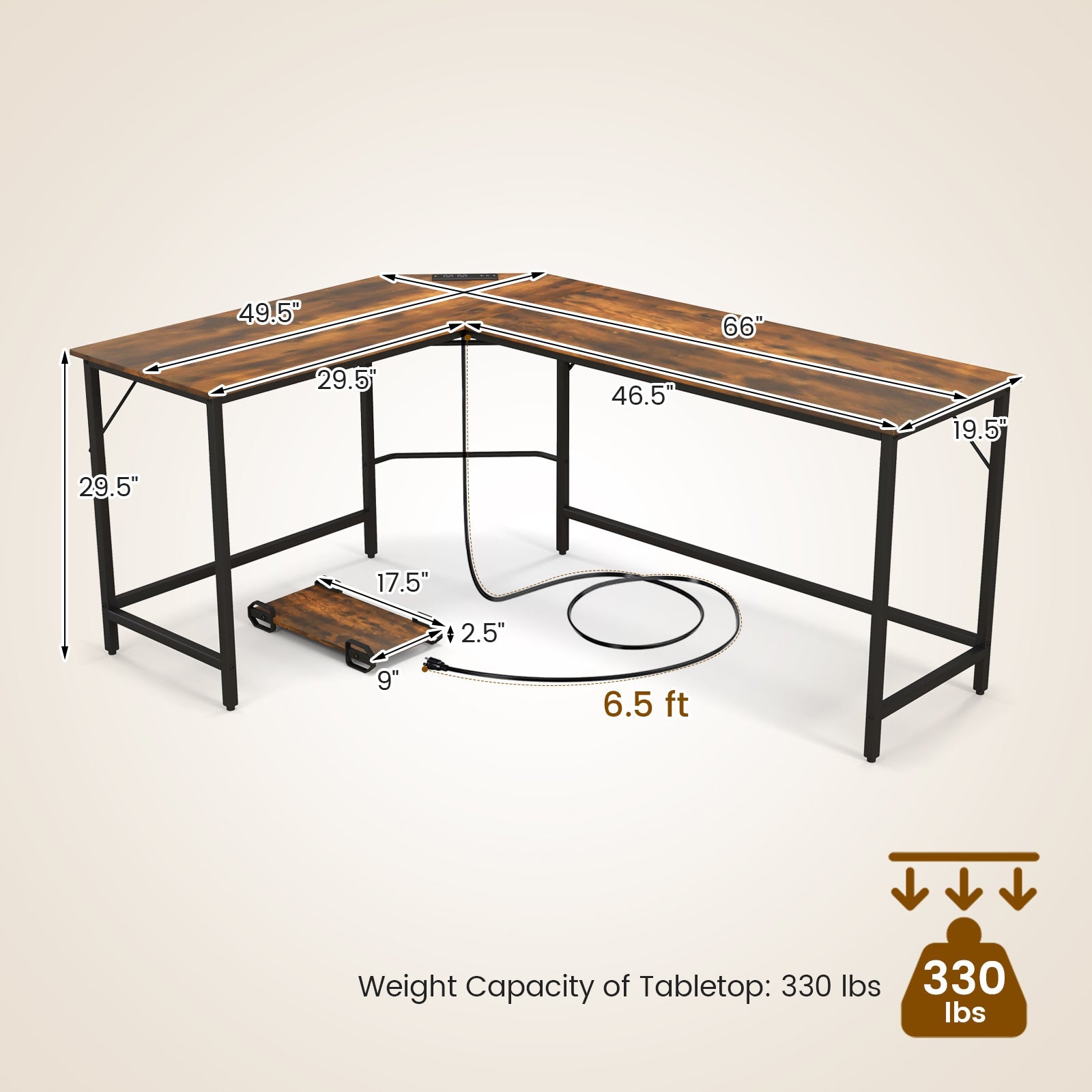 L-Shaped Computer Desk with CPU Stand Power Outlets and USB Ports