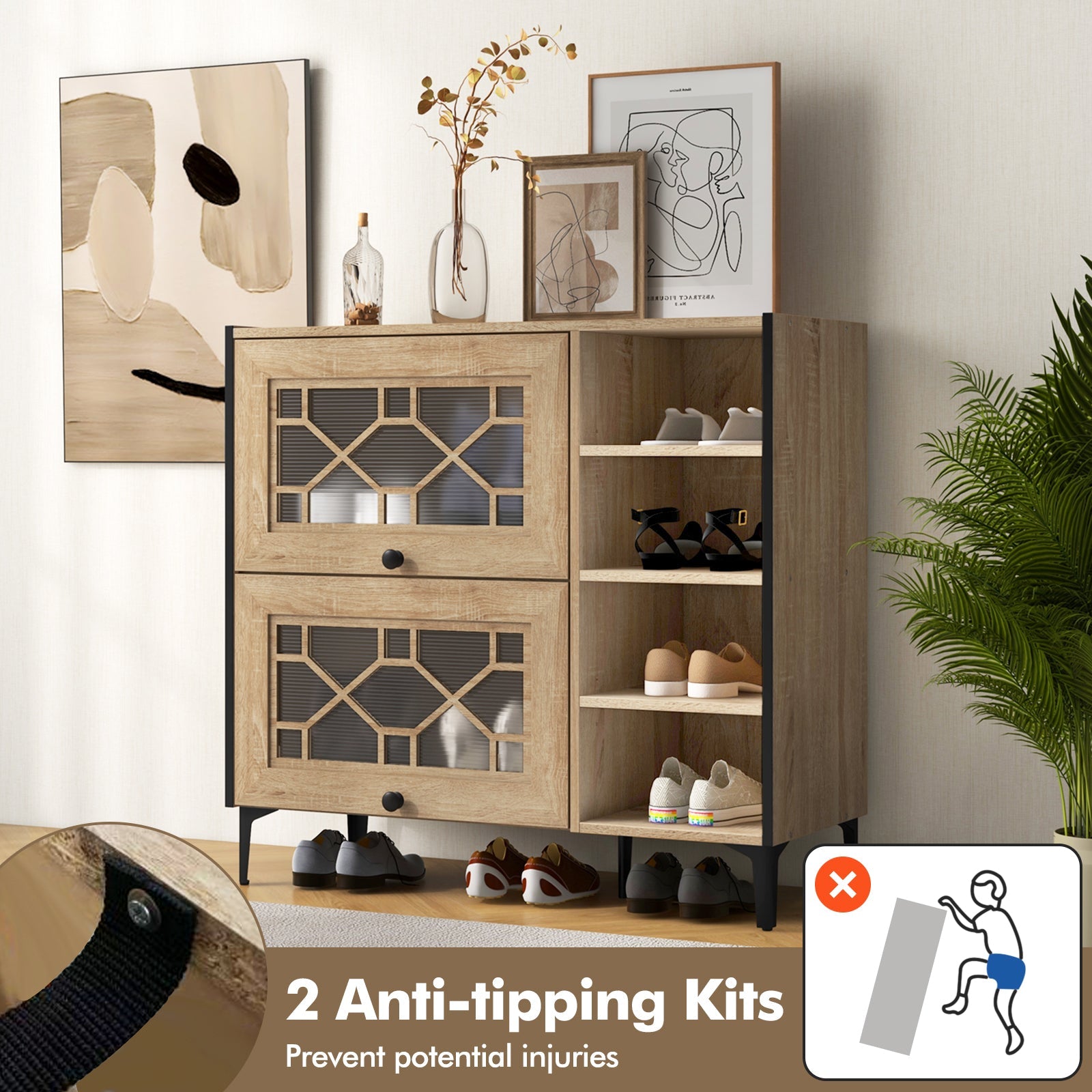 Rustic Shoe Cabinet with Flip-up See-through Doors and Adjustable Shelves-Oak