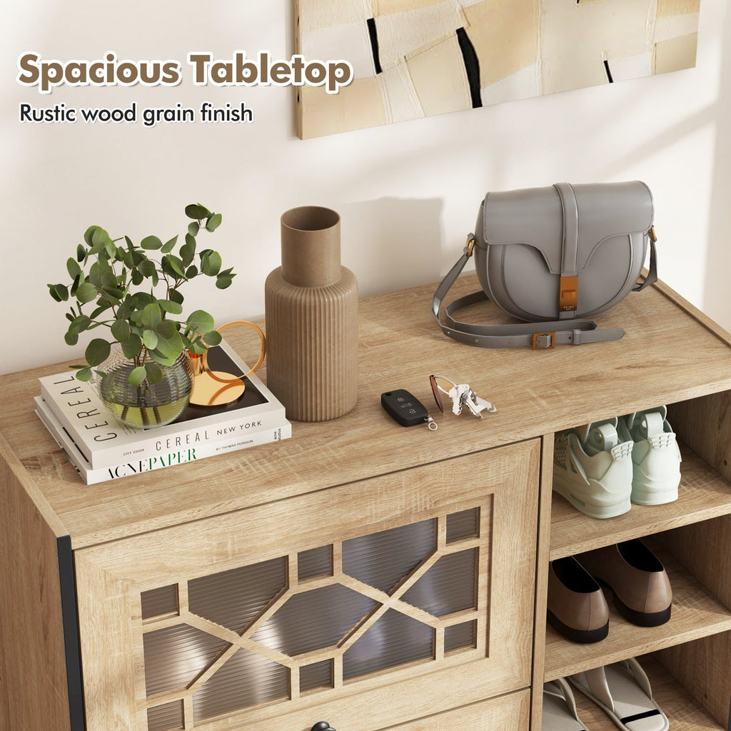 Rustic Shoe Cabinet with Flip-up See-through Doors and Adjustable Shelves-Oak