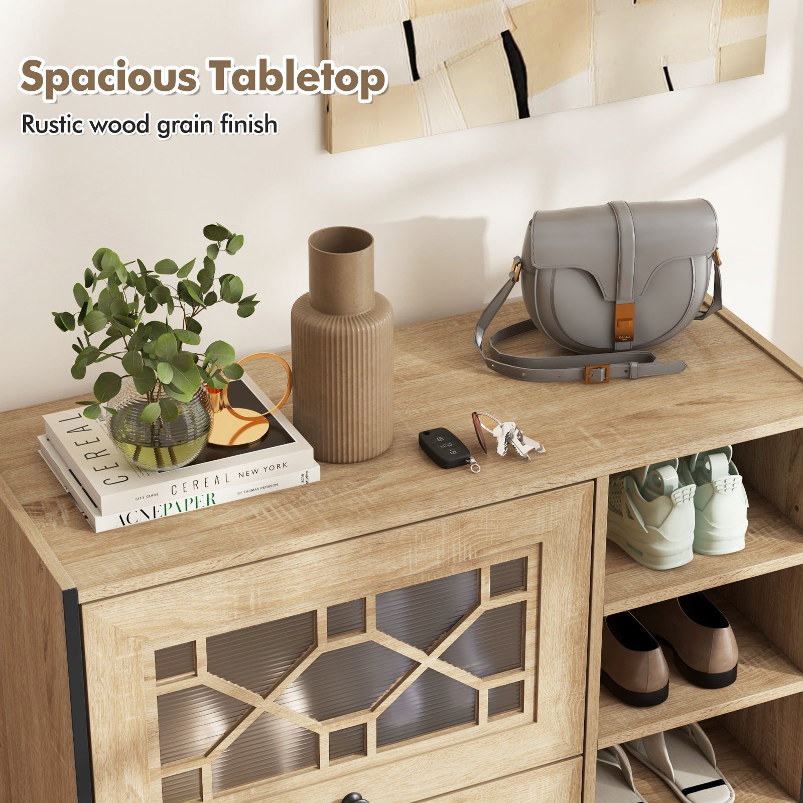 Rustic Shoe Cabinet with Flip-up See-through Doors and Adjustable Shelves-Oak